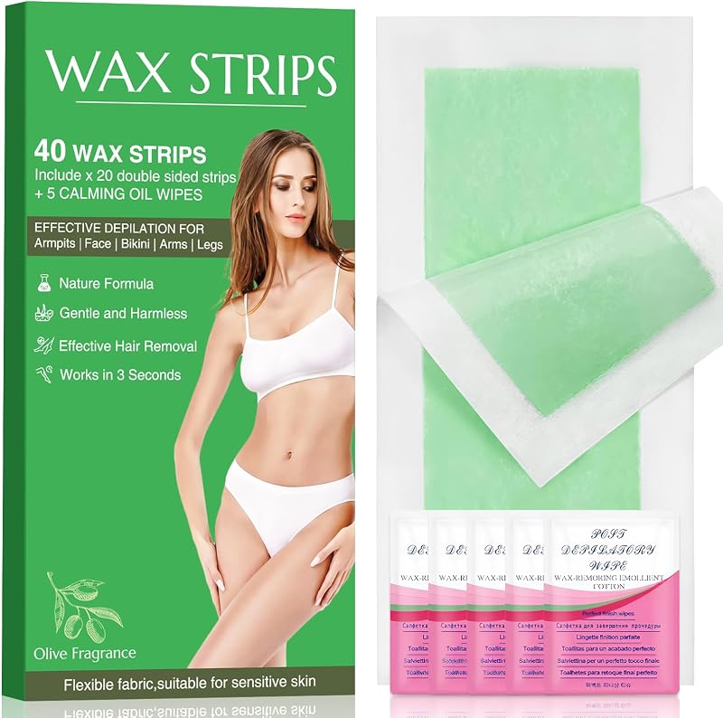40pcs wax strips - Body Waxing Strips, Wax Kit for Women & Men - Brazilian Wax Kit, Back Waxing Kit, All Skin Types, Arms, Legs, Armpits, Bikini, 98% Natural, Hypoallergenic Odourless, Green