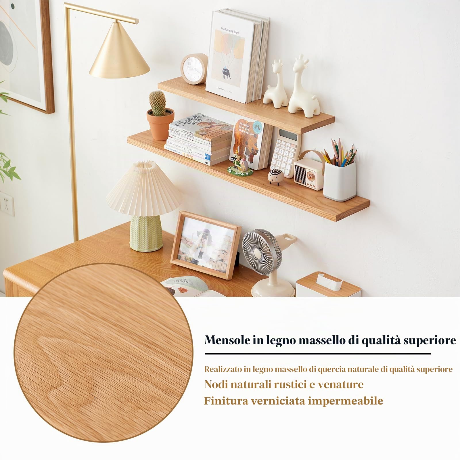 Mensola da Muro di Quercia, Mensola da Parete, Scaffale Galleggiante in Legno Massello per camera da letto, soggiorno, cucina, ufficio a casa, lavanderia (90 cm)