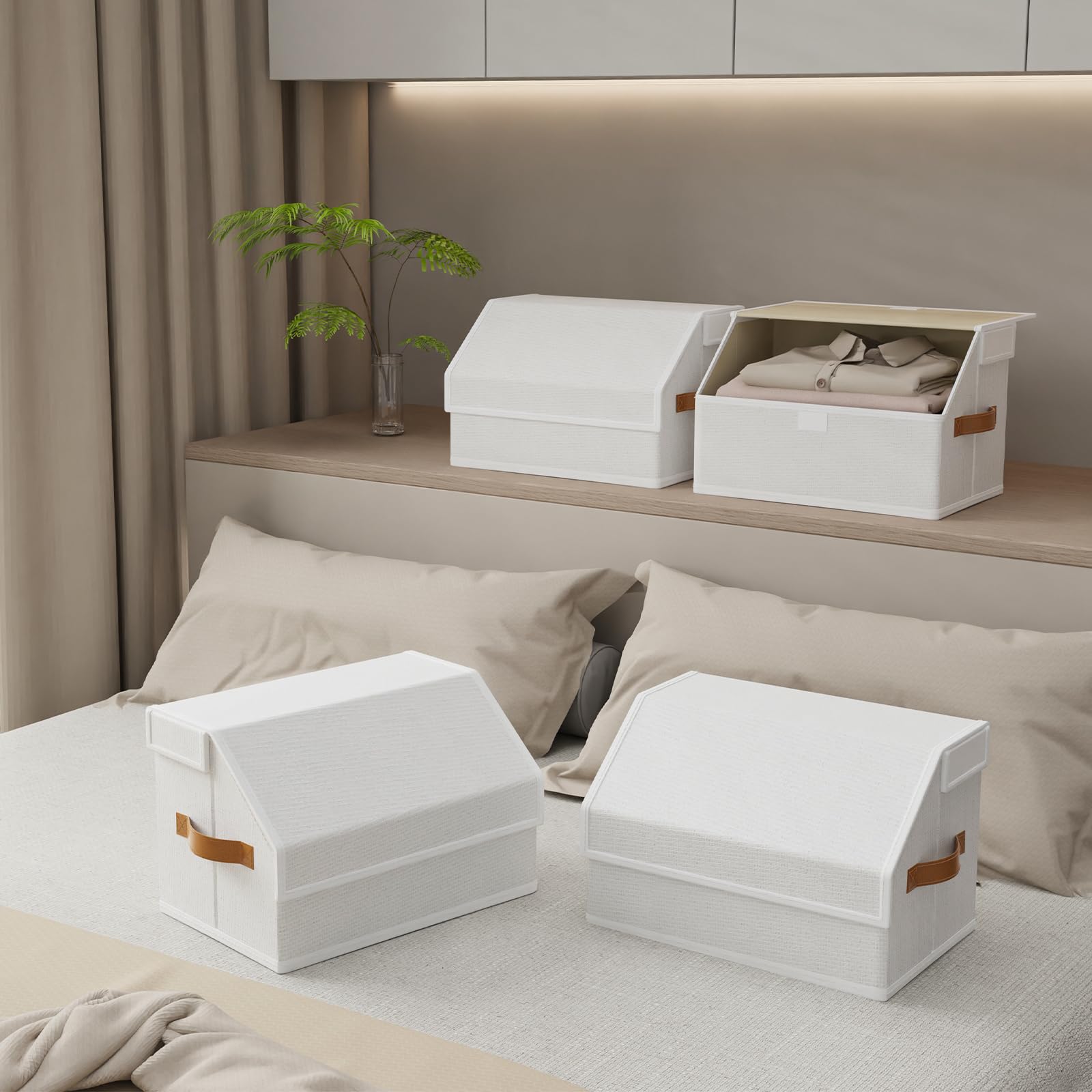 OUTBROS Cajas Almacenaje, Cesta Almacenamiento Tela con Mango, 38x25x25 cm Caixas Plegable, Organizador de Contenedores de Ropa y Libros, Blanco, 3 pieza
