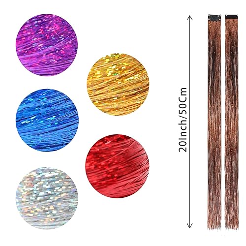 Miniatura 4 de Kit de 12 piezas de oropel de pelo de hadas con clip colorido con purpurina de 20 pulgadas, extensiones de cabello de oropel para niñas, extensiones