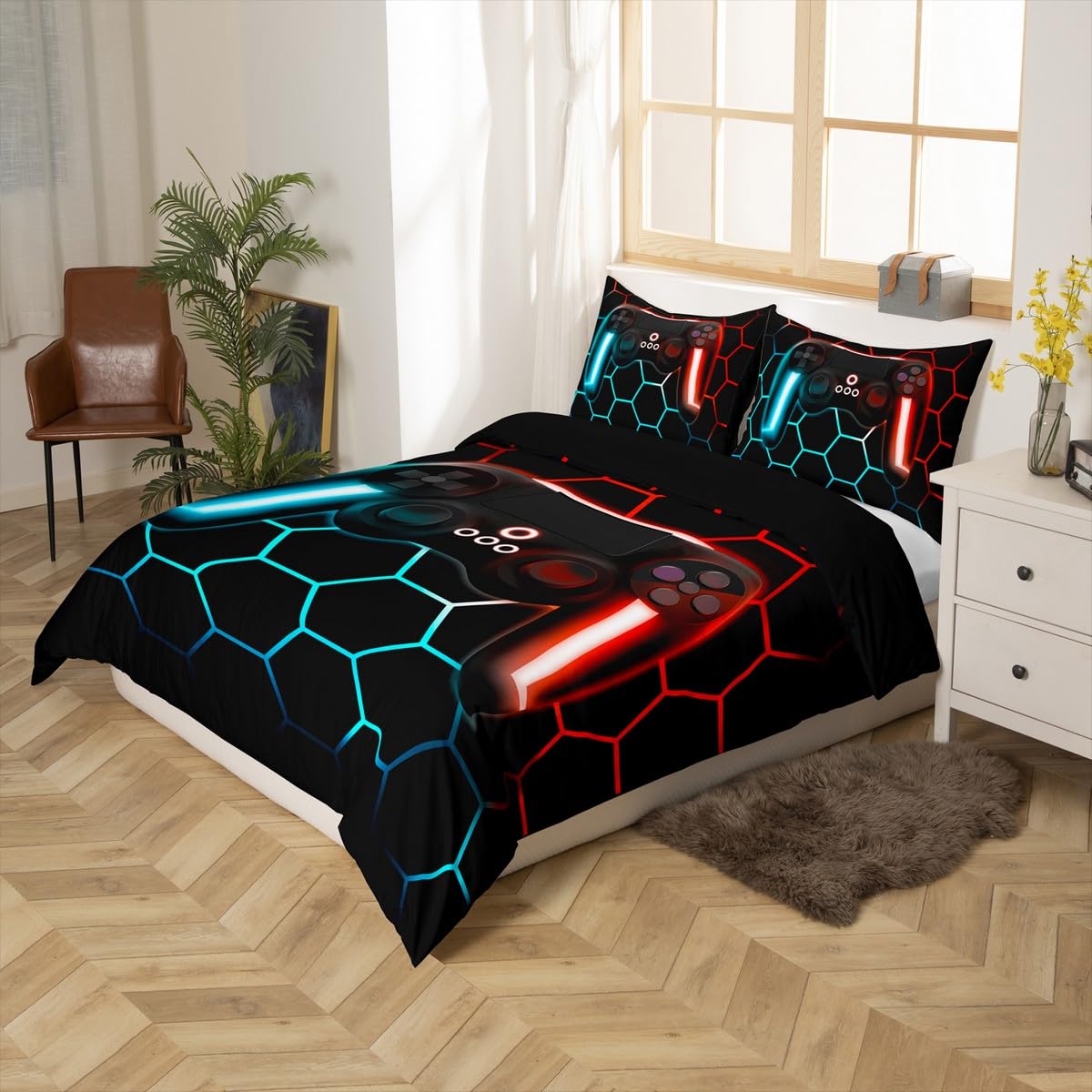 Spieler Bettbezug für Kinder Jungen Mädchen Spielen Bettwäsche Set weich rot blau mit Diamantmuster Spiel Schlafzimmer Dekoration Neonlicht Spielcontroller Tagesdecke + 2 Kissenbezüge,220 x 240 cm