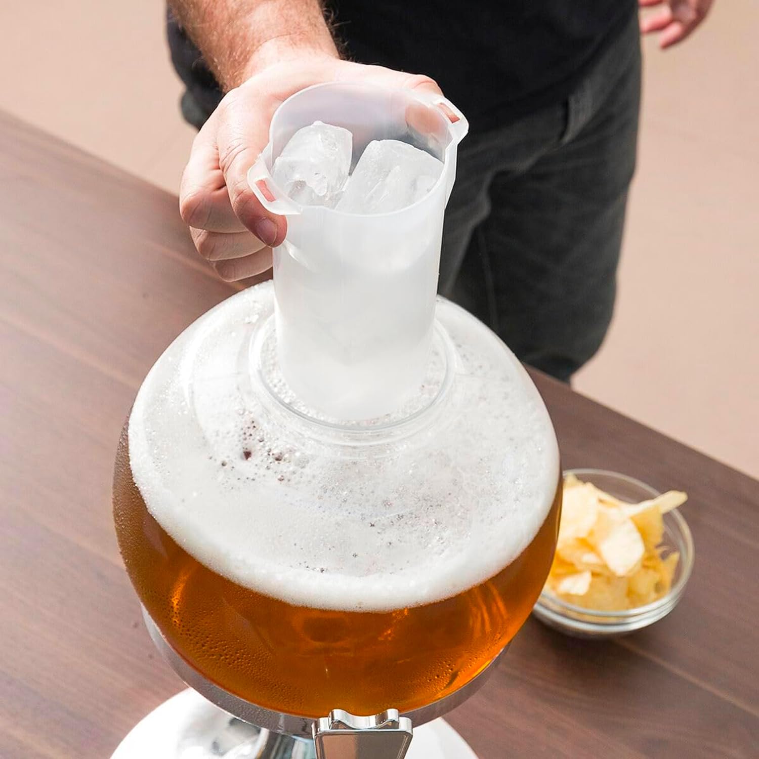 Spillatore Birra Refrigerato - Dispenser per Bevande 3.5L, Adatto per Feste ed Eventi, con Scompartimento per Ghiaccio, in Acrilico, 24x24x42 cm, Argento