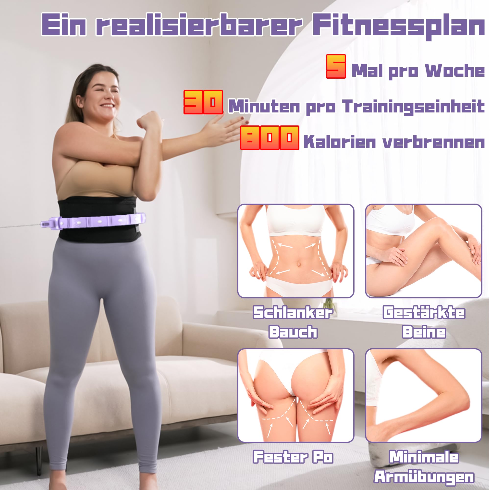 Gewichteter Smart Hula-Hoop mit LED, 44 Zoll ideal für Gewichtsverlust. Inklusive Ball Bauchmuskeltraining mit Taillengürtel, perfekt für zuhause(Lila)