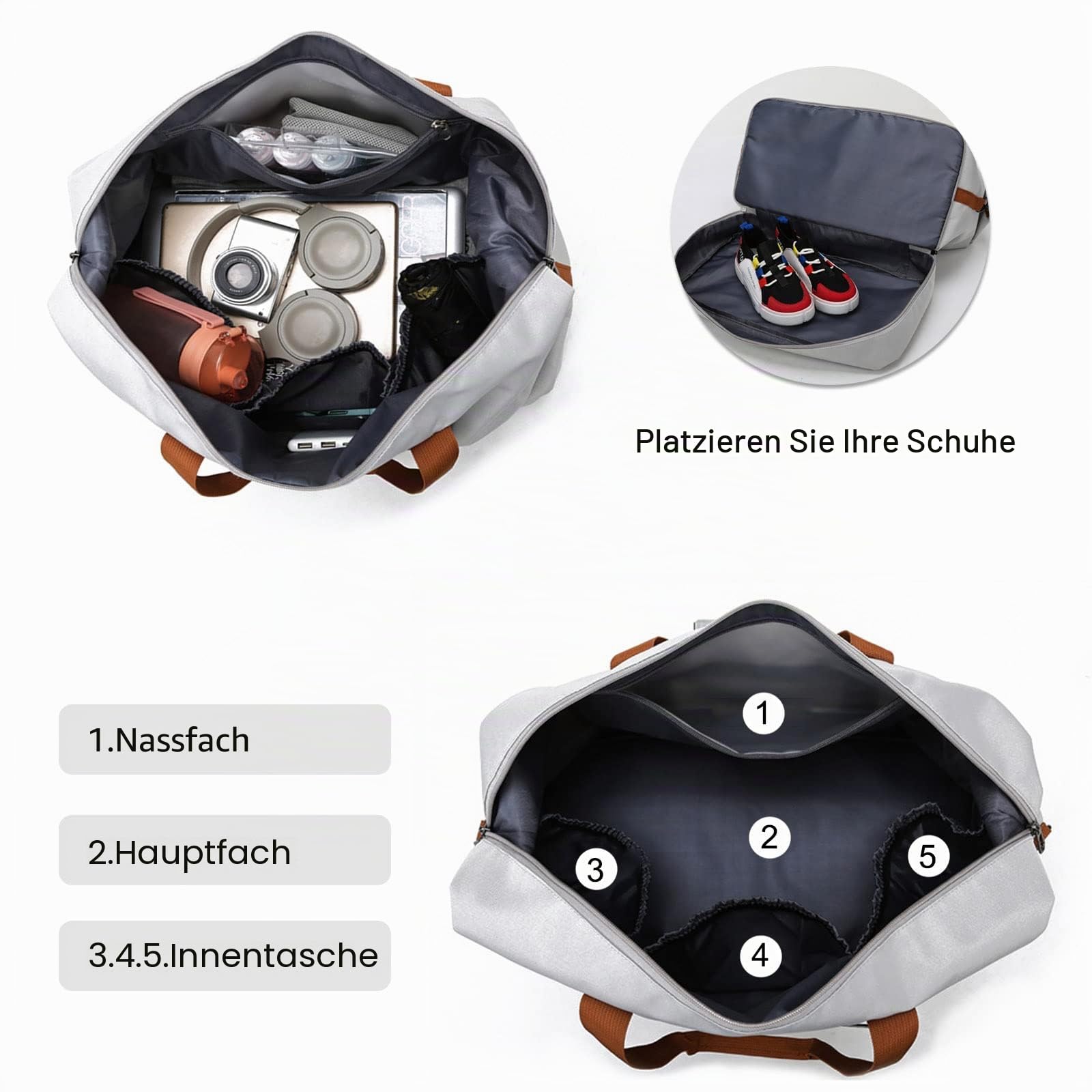 FANDARE Reisetaschen Handgepäck Duffel Tasche Sporttasche Übernachtung Sporttasche Tote Handtasche Damen Herren Weekender Tasche Kliniktasche Schwimmtasche Trainingstasche mit Schuhfach Khaki