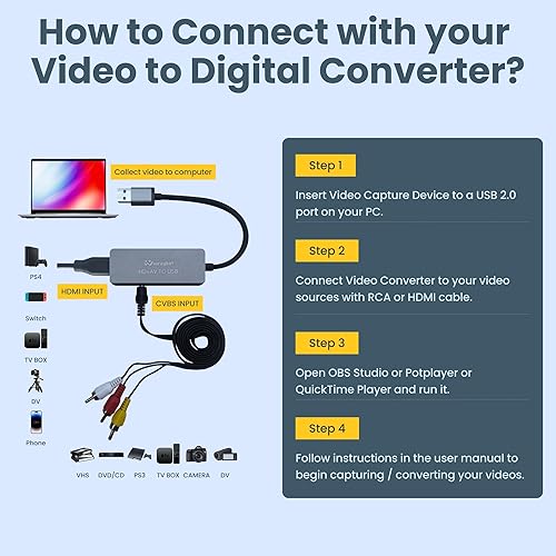 Miniatura 4 de Tarjeta de captura de video USB para VHS/HDMI/AV/RCA, convertidor de video analógico a digital, convertidor VHS a digital/USB/RCA, compatible con