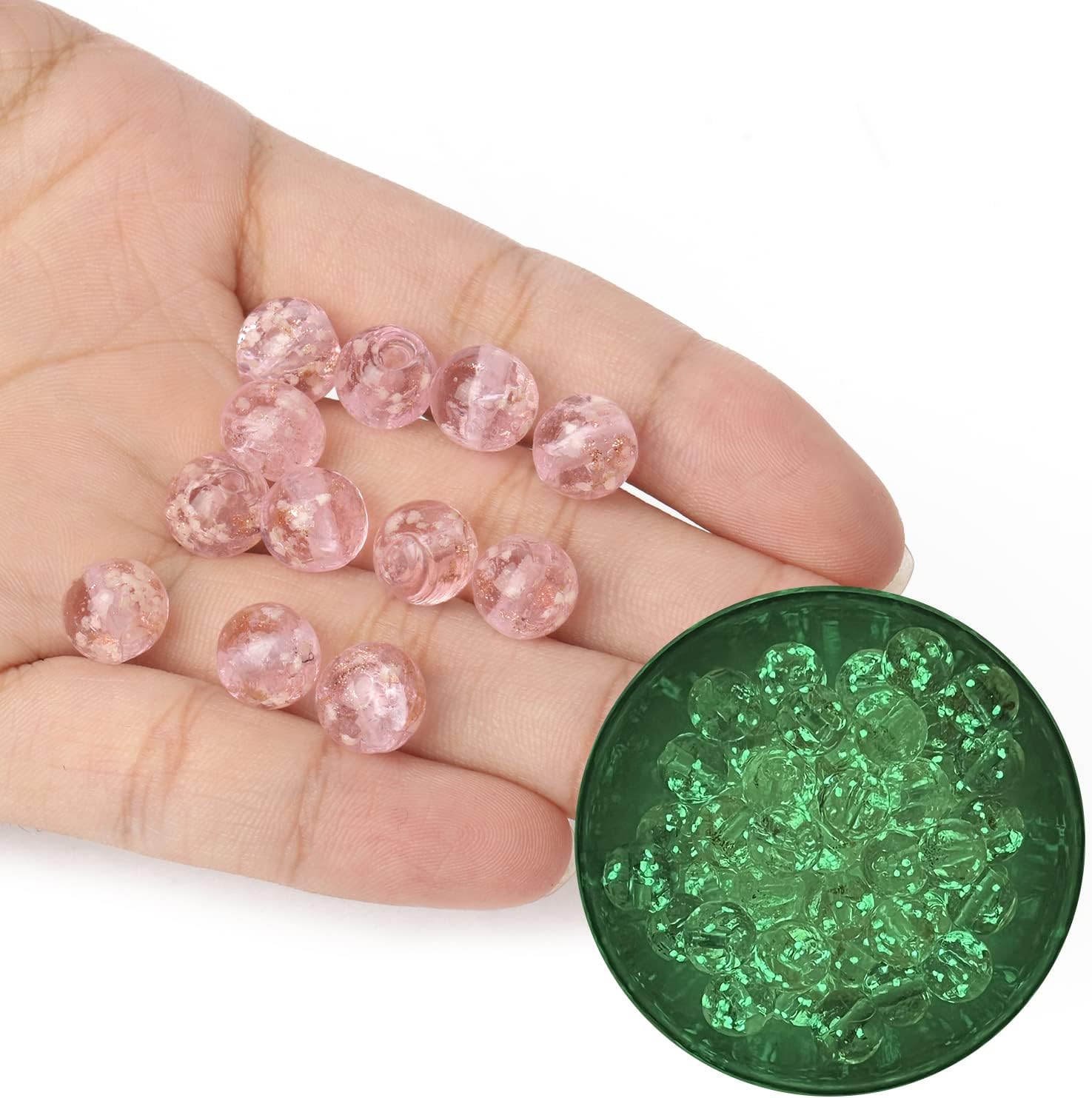100PCS Assorted Glow in The Dark Beads,8 mm Luminous Glass Beads European Lampwork Round Beads Glow Crystal Loose Beads for DIY Craft Bracelet Jewelry Making (Pink)