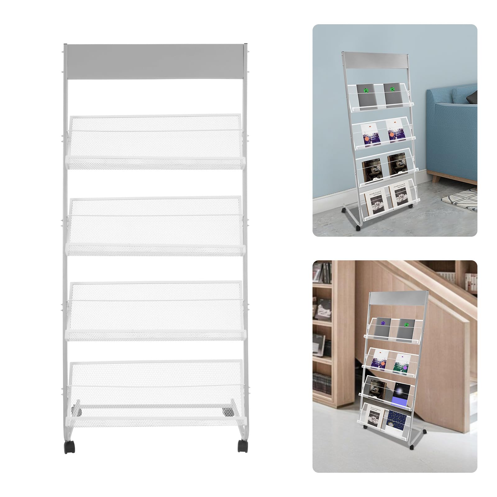 Portariviste a 4 ripiani, in argento, con ruote, per atelier, biblioteche, uffici, 63 x 36 x 148 cm