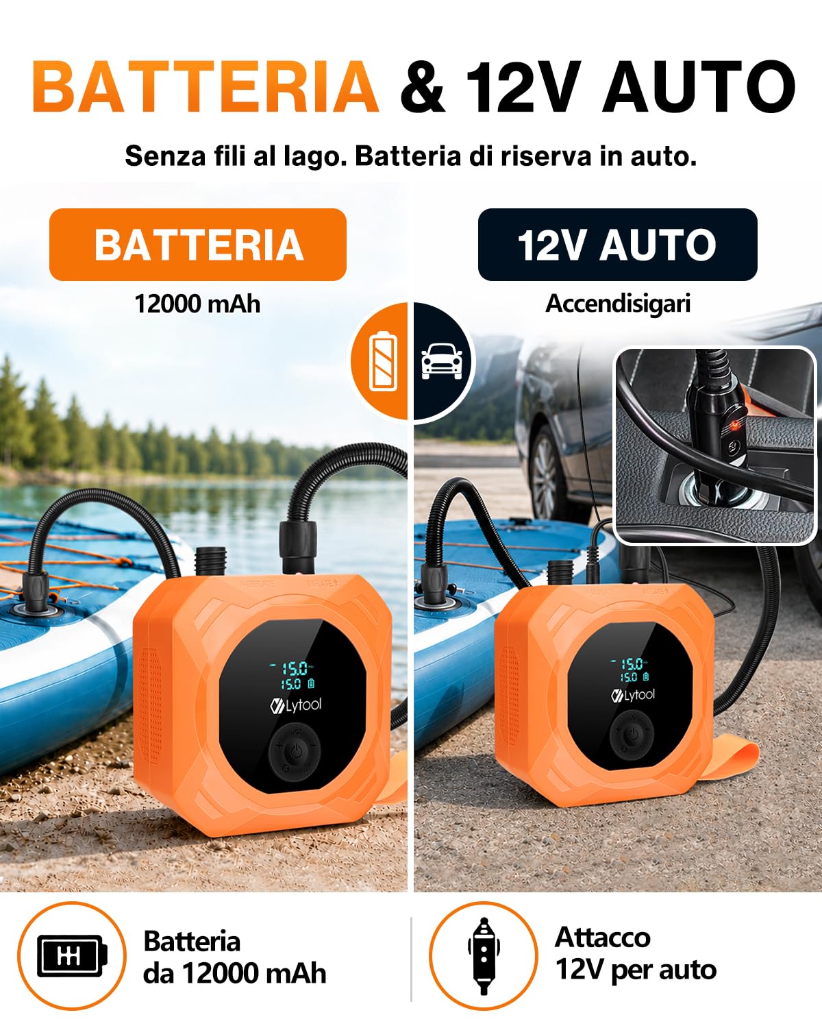 Lytool Pompa SUP Elettrica 50 PSI Alta Pressione,Gonfiatore Paddle 12V DC,Gonfiaggio e Sgonfiaggio Automatico a 3 Stadi,Arresto Automatico,Cavo Accendisigari 3M per Kayak,Materasso,Bici, Moto, Auto