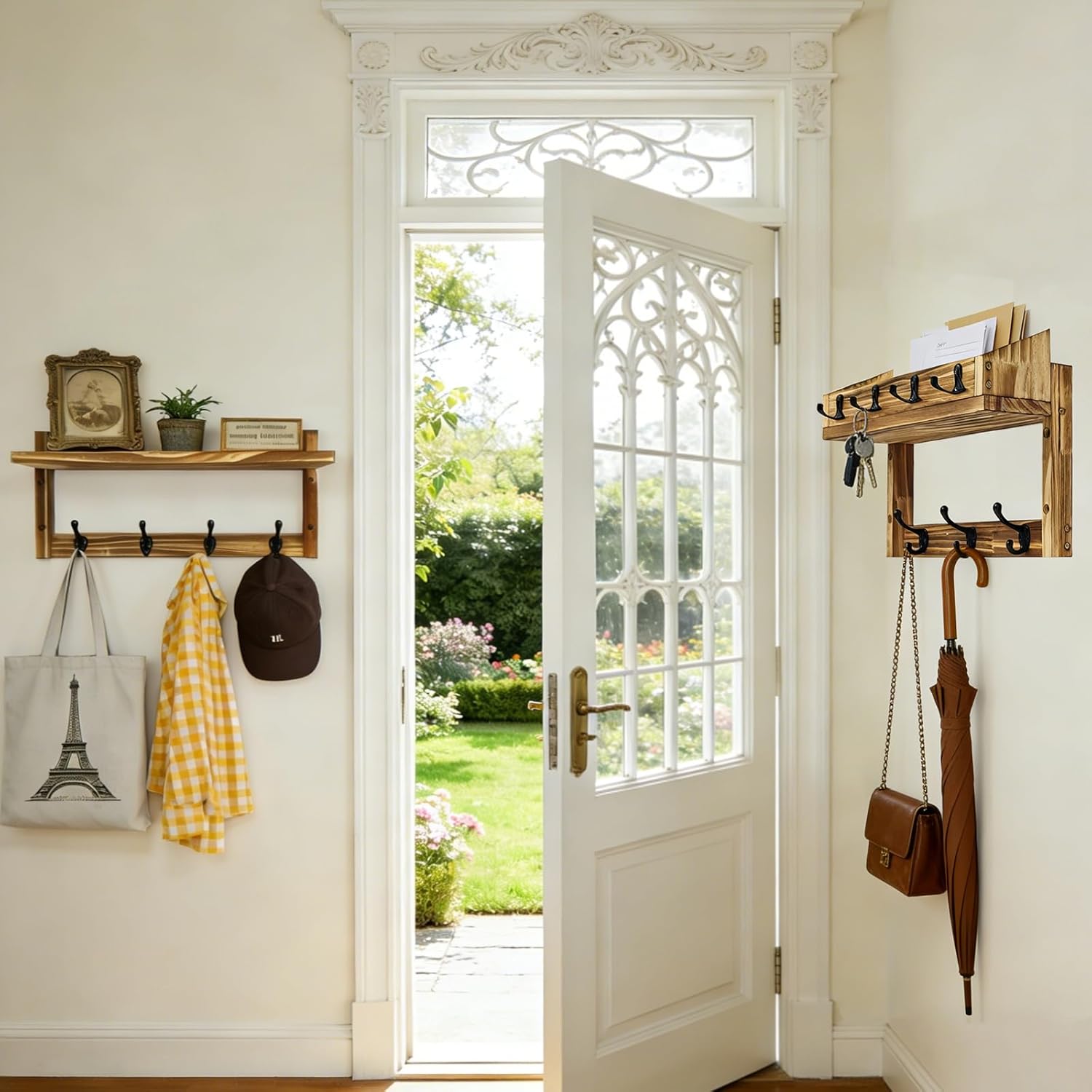 29" Coat Rack Wall Mount with Shelf, 4 in 1 Wall Mounted Coat and Key Hanger with 11 Hooks, Entryway Key Holder with Mail Holder for Living Room, Bedroom