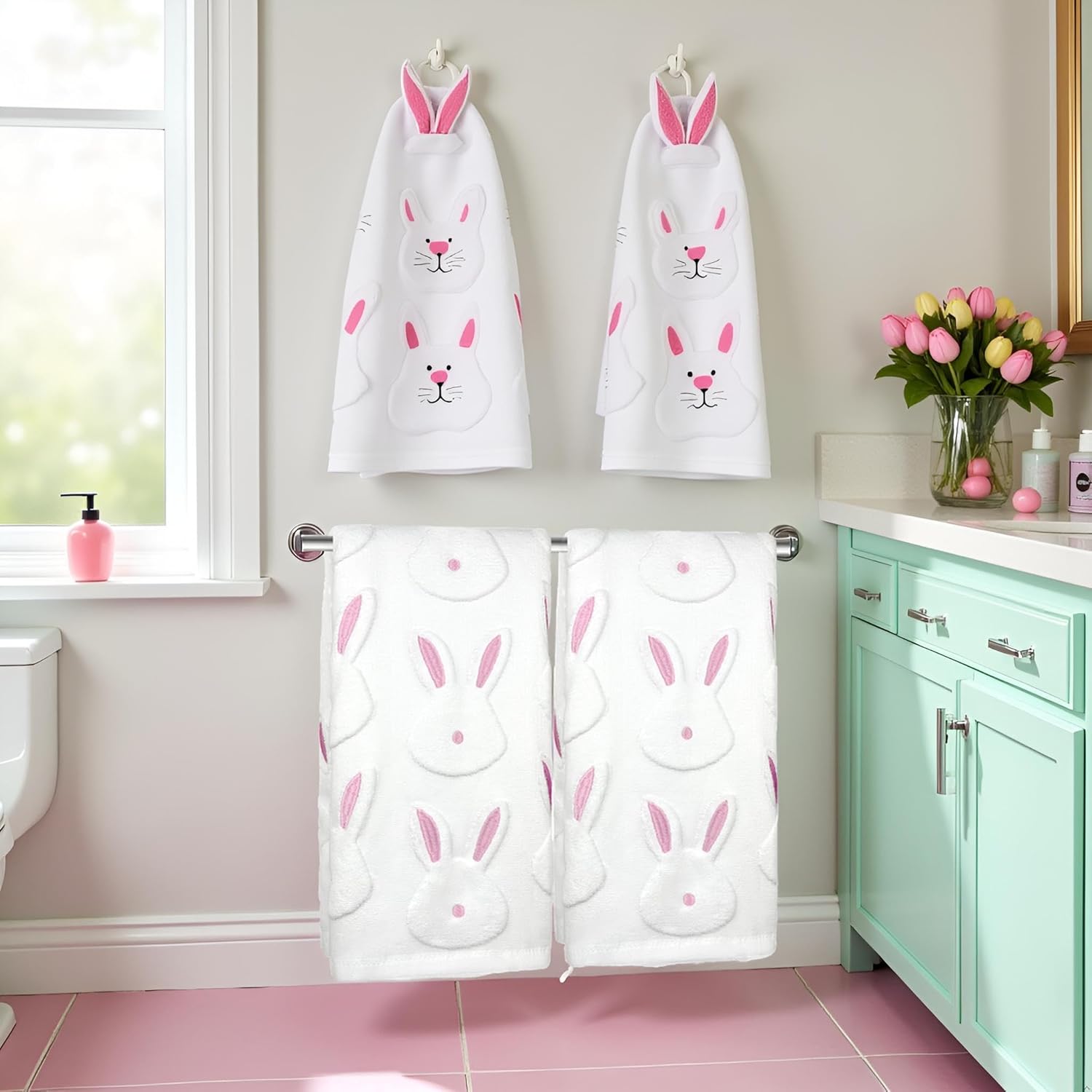 2pcs Easter Bunny Hand Towels Set 100% Cotton Soft Absorbent Spring Bathroom Hand Towels 14x29 Inch Cute Jacquard Easter Kitchen Decor Towels Holiday Kitchen Bathroom Decor Gift(White) - Image 4