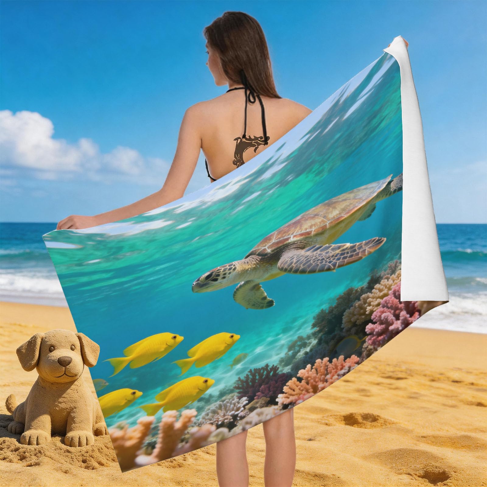 Leichong 3D Sea Turtle Beach Towel Microfiber Soft Quick Dry for Adults, Coral Reef Bath Towel Lightweight Soft Absorbent for Travel Swimming Pool Sports, 75 x 150 cm