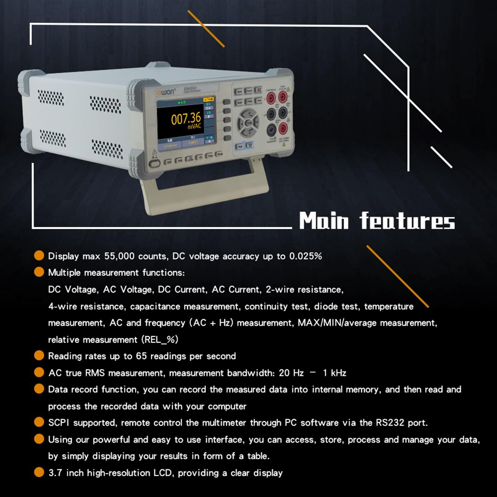 XDM2041 4 1/2 Vero RMS Multimetro digitale da banco Tensione CA Corrente Temperatura Resistenza Frequenza 55000 conteggi RS232