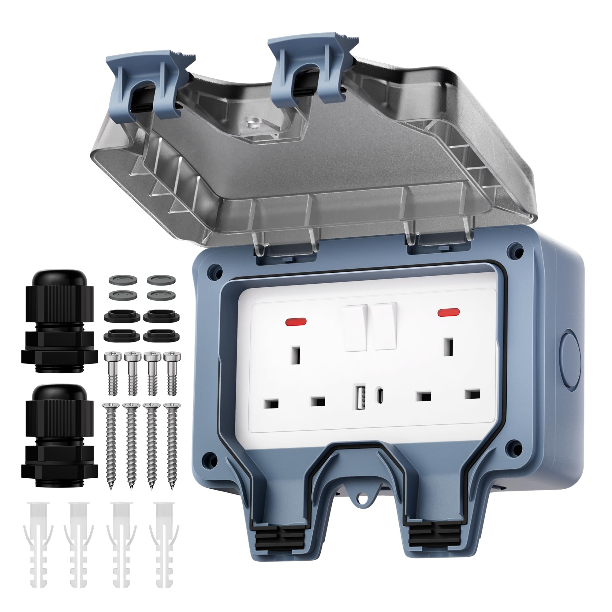 Joinfworld Double Outdoor Socket with USB & Type C Ports,13Amp 2 Gang