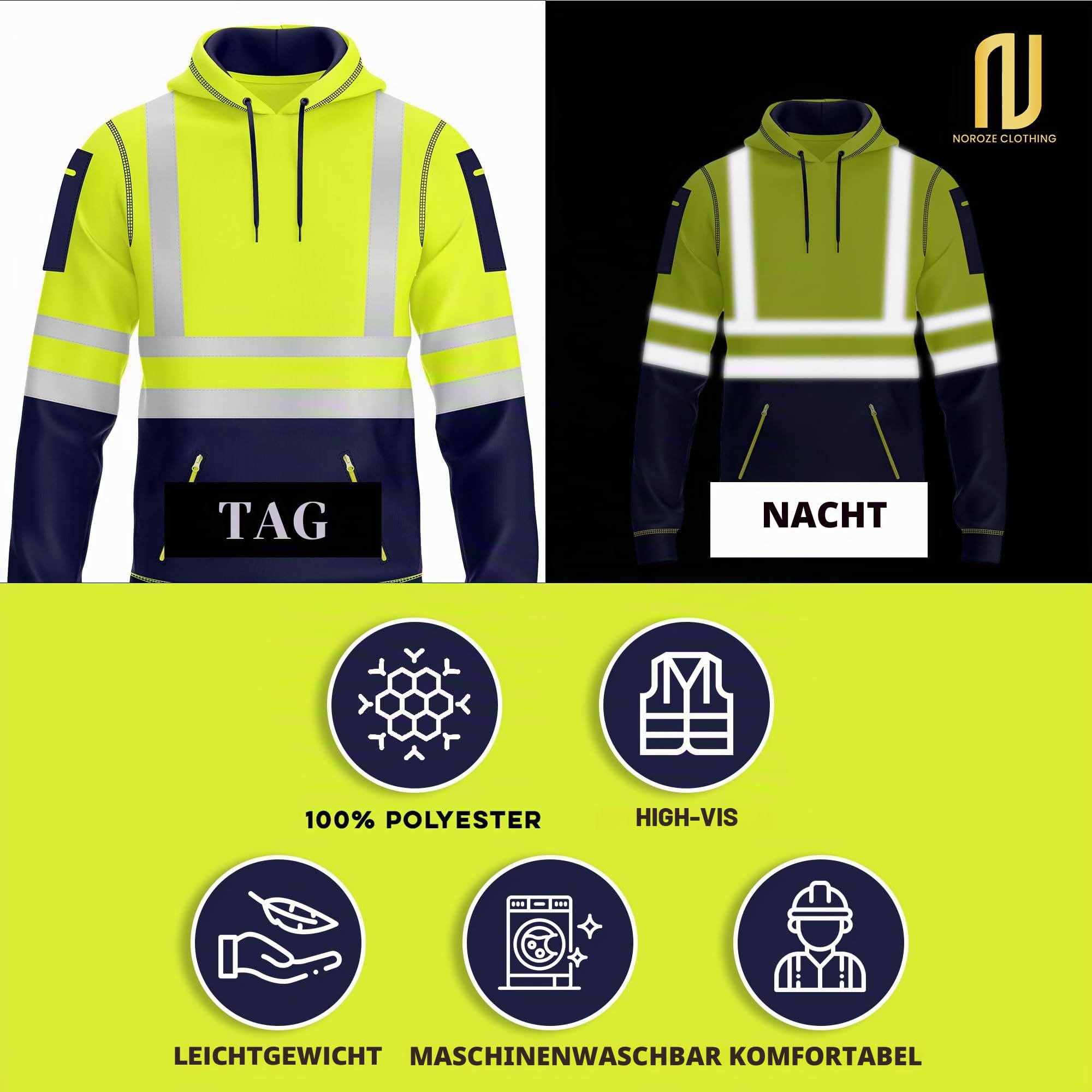 NOROZE Hi-Viz-Pullover-Kapuzenpulli, grau, reflektierendes Band, gut sichtbarer Sicherheitsmantel mit 4 Reißverschlüssen, Sweatshirt-Top-Jacke für Herren