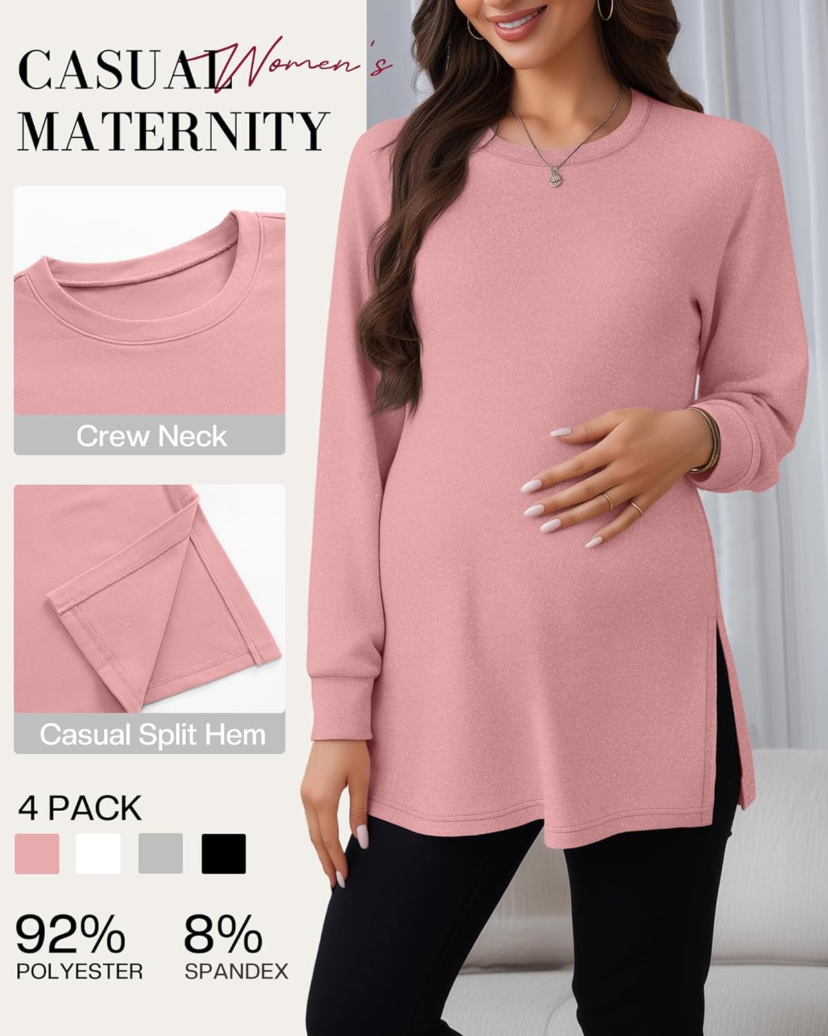 Ficerd 4 Pack Women's Casual Maternity T-Shirts, Long Sleeve Crew Neck Split Side Tee Tops Shirts Loose Fit Pregnancy Clothes - Image 6