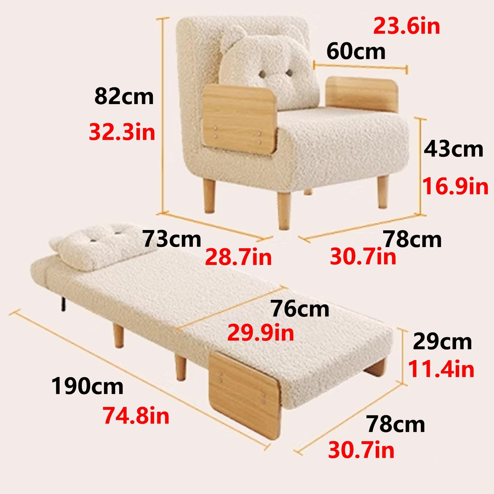 Klappsofa mit Schlaffunktion Zwei Bezugsstoffe Hochelastischer Schaumstoff Seitenteile aus Massivholz Recamiere Beige Geeignet für Schlafzimmer, Wohnzimmer und Büro(A)