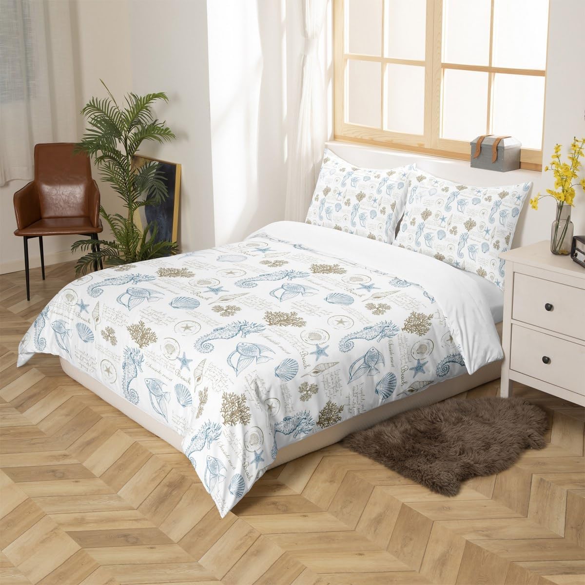 Coastal Duvet Cover Set Full Size,Seashell Conch Seahorse Starfish Coral Bedding Set 3Pcs,Ocean Beach Comforter Cover for Kids Teens Adult Room Decor,Light Blue Beige White Quilt Cover,2 Pillowcases