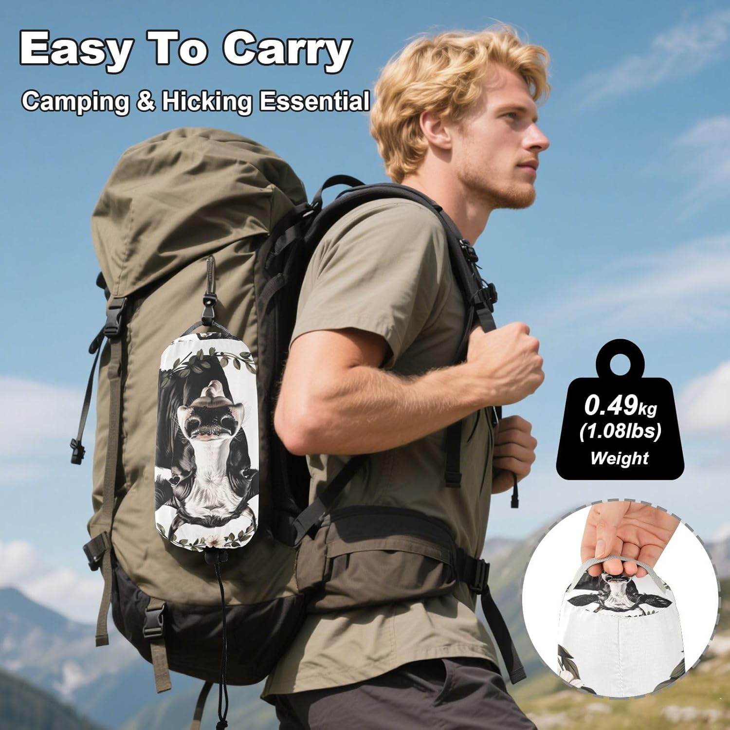 ALAZA Cow Portrait Camping Hammocks Single or 2 Person 500 lbs Portable Parachute Travel Hammock w/Tree Straps for Hiking Backpacking Indoor Outdoor