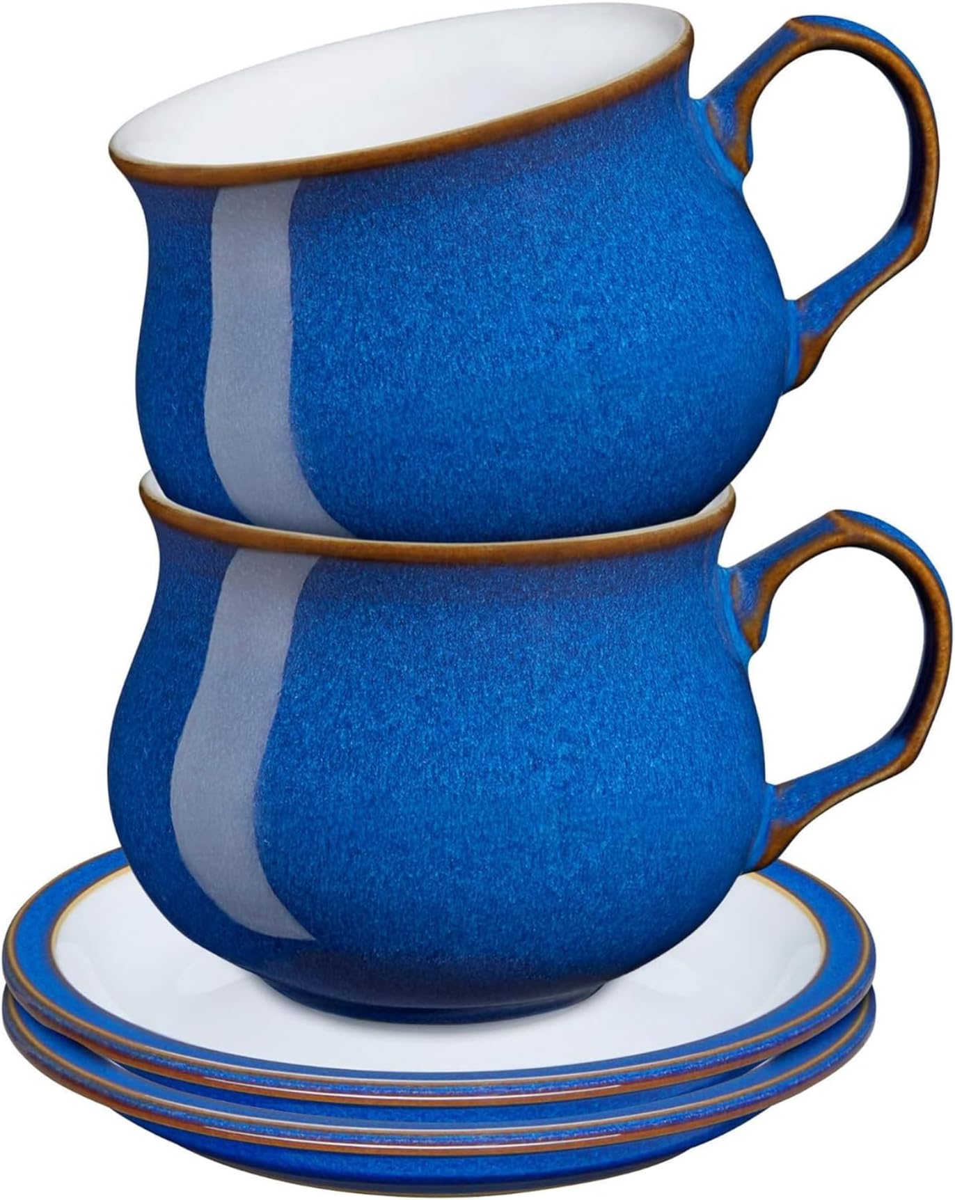 Denby - Imperial Blue Tea Cup and Saucer Set of 2 - 200ml Stoneware Ceramic Coffee Mug and Saucer Set - Tea Party Set - Dishwasher Safe, Microwave Safe - Royal Blue, White - Chip Resistant