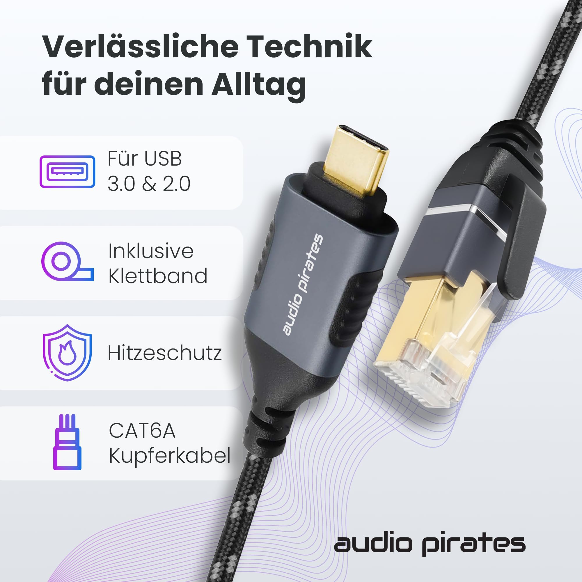 audio pirates Cavo adattatore Ethernet USB 3.0 a RJ45, (Gigabit, CAT6A, 1000 Mbps) - Adattatore di rete USB con contatti dorati e alloggiamento in alluminio - Adattatore Ethernet USB (1 pacco, 10