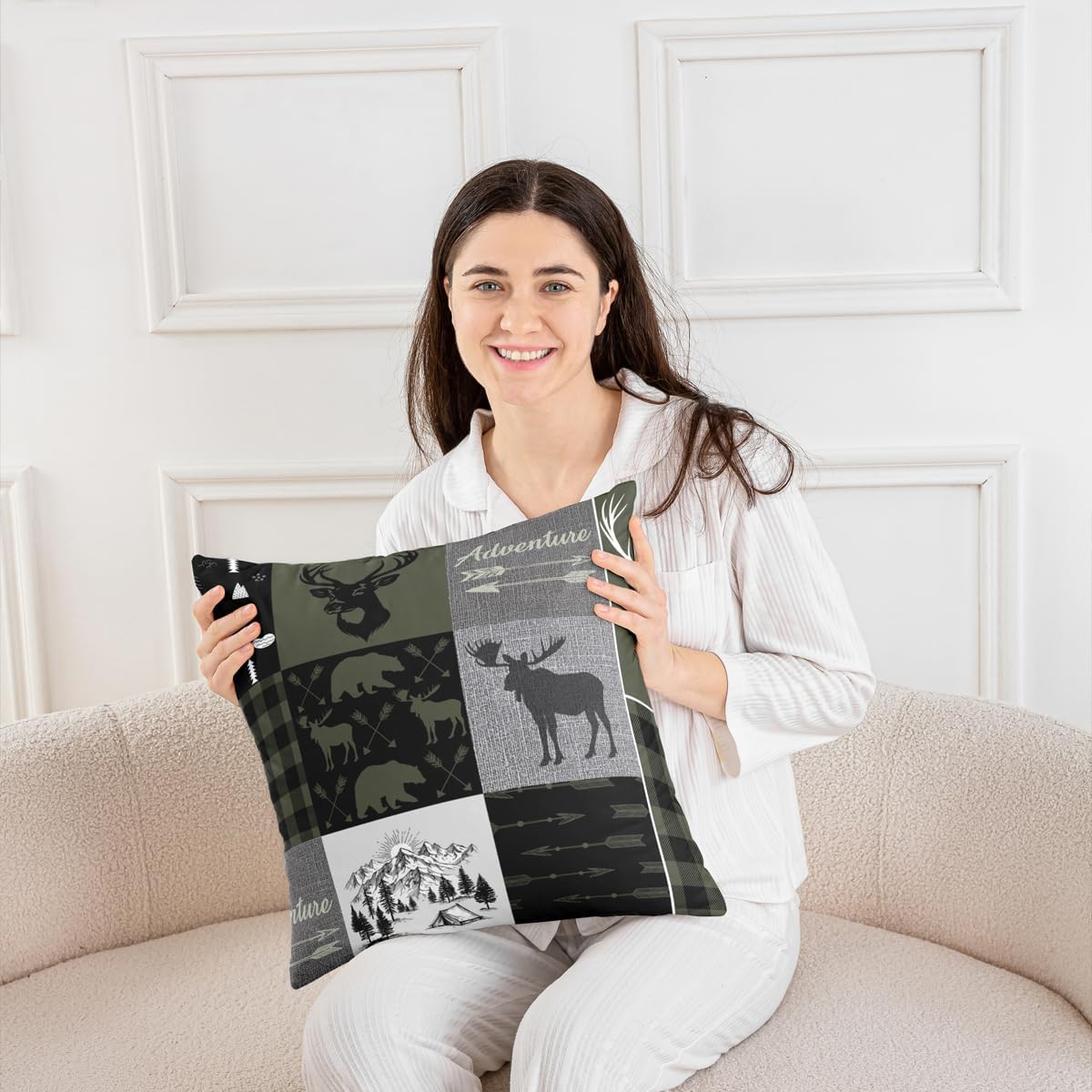 Set of 4 Hunting Rustic Lodge Decorative Pillow Covers 16x16,Deer Bear Patchwork Throw Pillow Covers Retro Cabin Pillow Covers For Kids Teens Adult Men,Camping Moose Elk Cushion Covers,Grey Black