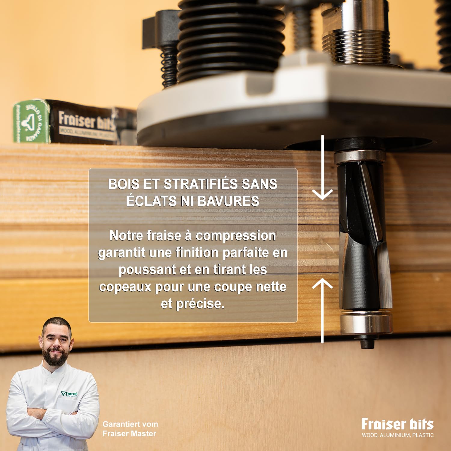 Fraiser Fraise à affleurer à compression Up Down Cut - double roulement, queue 12mm - pour défonceuse et affleureuse - stratifié, mélaminé et panneaux revêtus