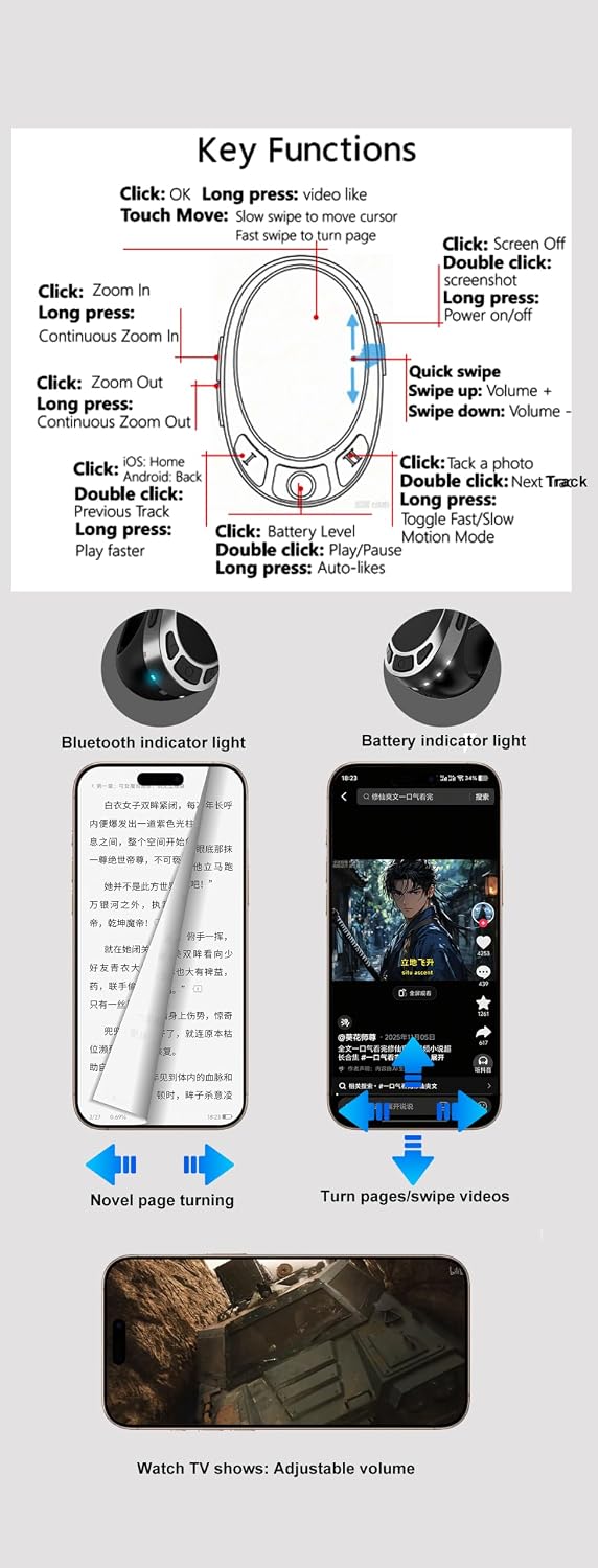 Tiktok Scrolling Ring,Air Finger Ring Mouse with a Touchpad, Portable Handheld Bluetooth 5.3 Wireless Scroller Remote Control Page Turner for i-Phone/i-Pad/Android/PC/Camera/Video Recording/Kindle App