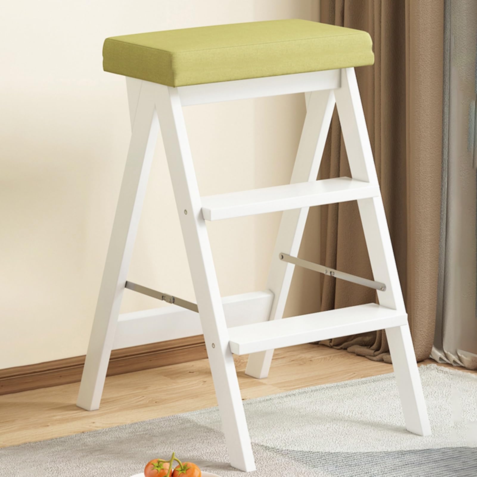GWBoiuyQETM Wooden Folding Library Ladder Chair, Convertible Folding Chair Step Stool Display Stand, Protable 4-Step Library Ladder for Adults Office Home Kitchen Outdoor (Color : White+green)