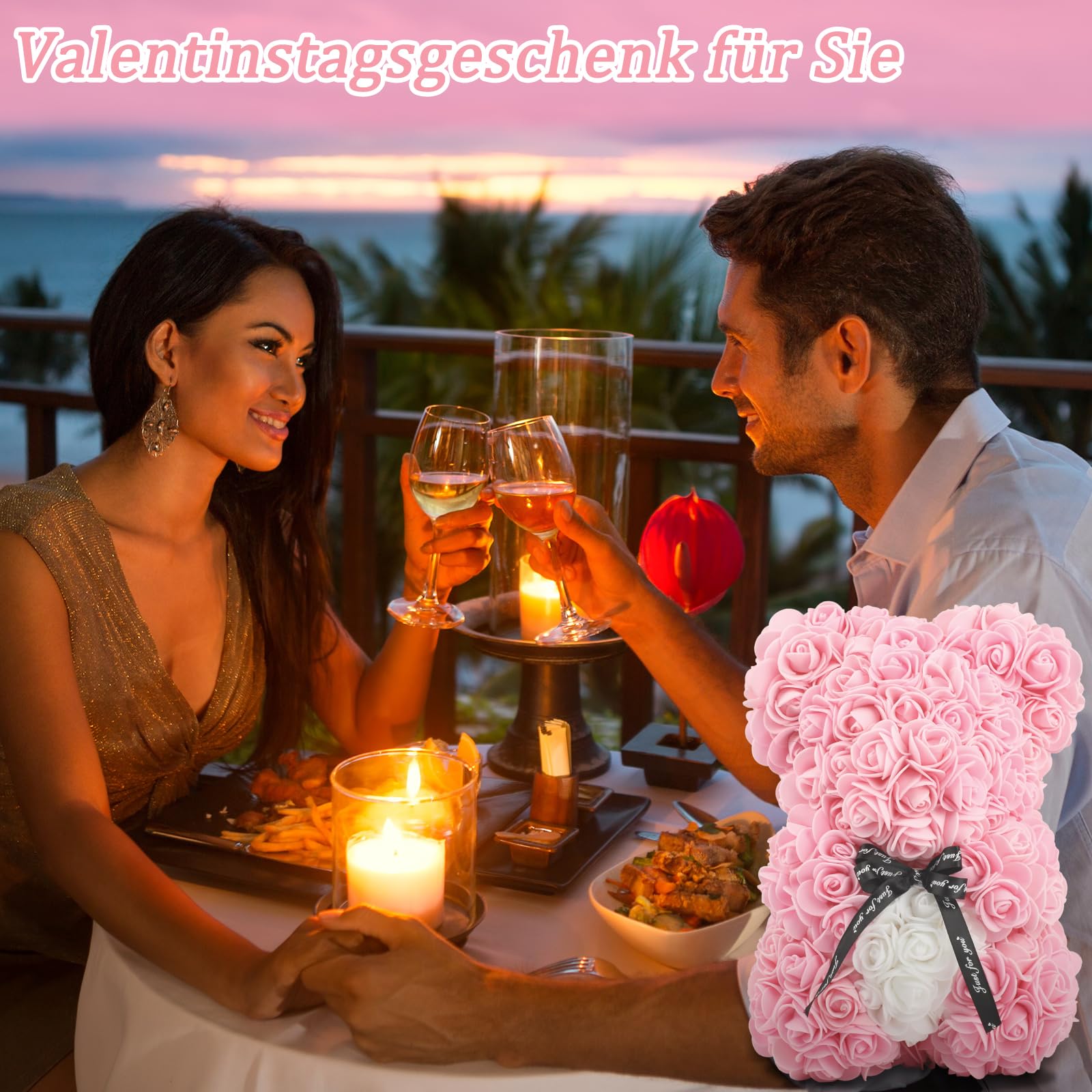 Orso di rose fatto a mano, regalo per lei, amiche, donne, confezione regalo trasparente, 25,4 cm (rosa chiaro)
