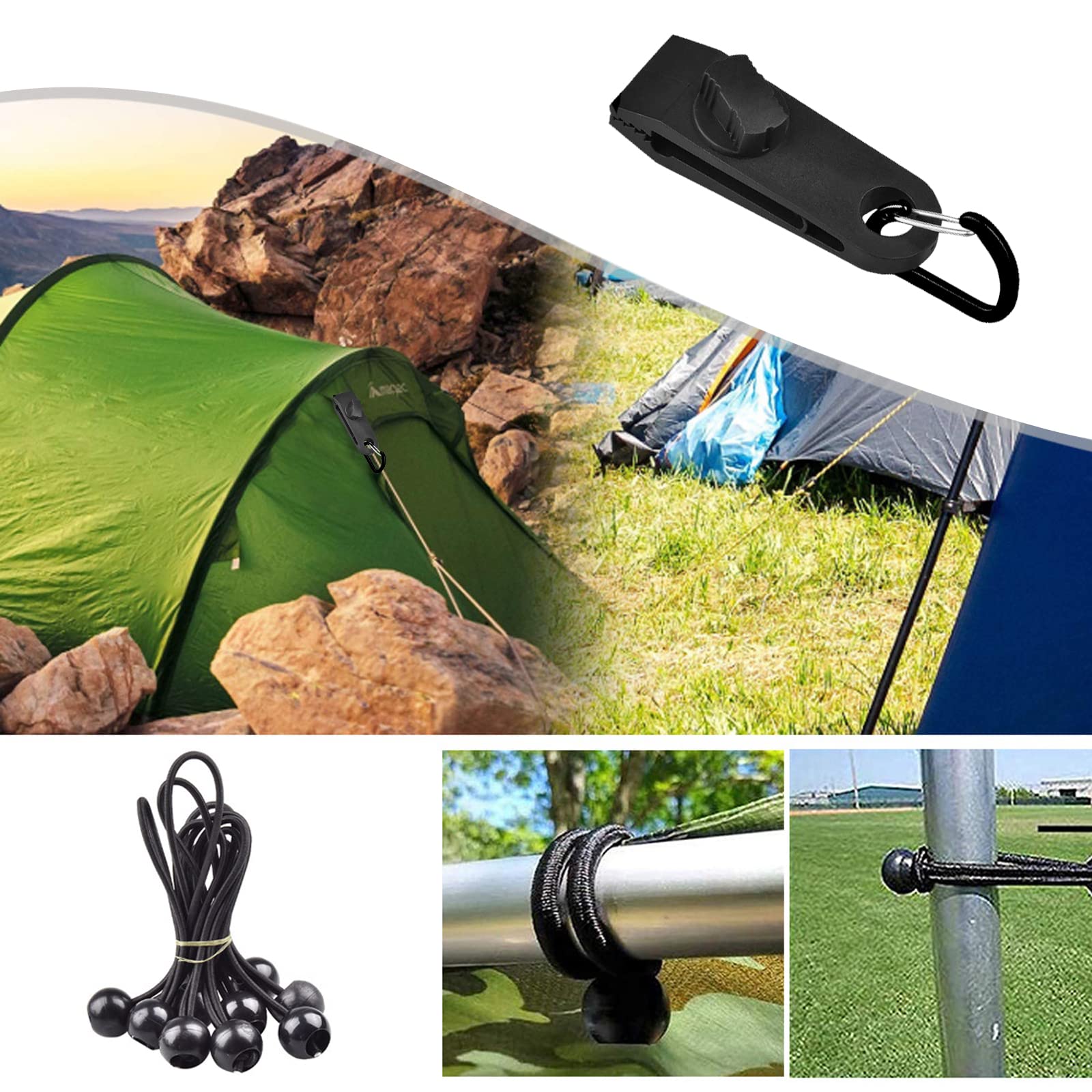 Wadafen Lot De 30 Clips Pour Bâche - 10 Pinces + 10 Cords Élastiques + 10 Mousquetons - Sac Inclus