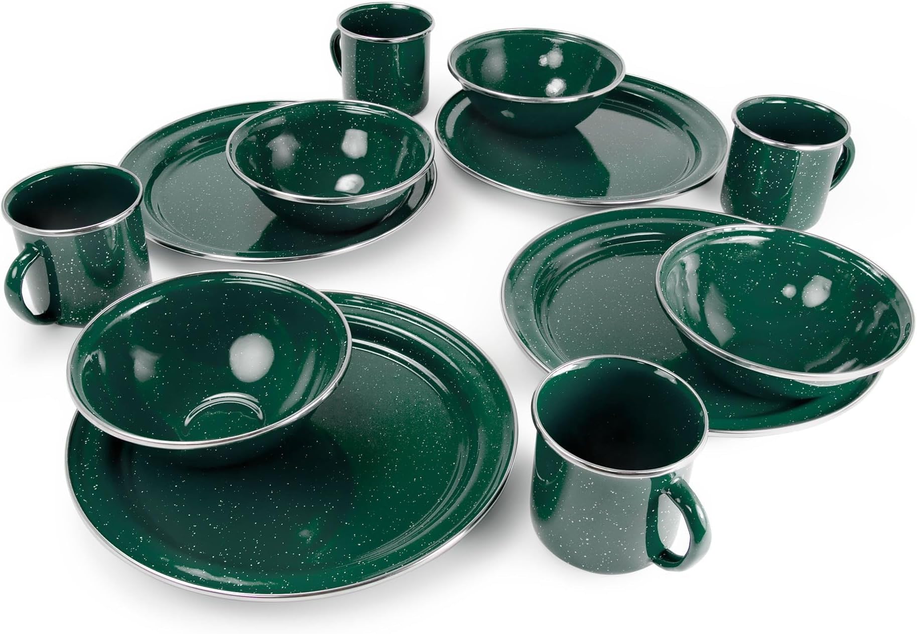 Pioneer Enamel 12 Pieces (4-Person) Dish Set I Enamelware Dishes Including Plates, Bowls and Mugs for Camping, Outdoors, RV, Camp, Green