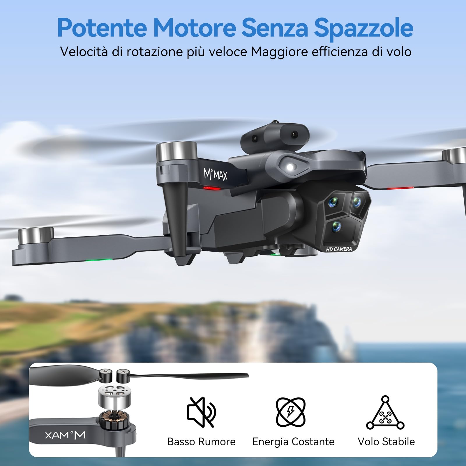 HYTOBP M°MAX Drone con Telecamera HD 1080P, Drone Professionale per Principianti, Droni con Volo Stazionario Stabile, Quadricottero RC Motore Brushless, Gesti Selfie, Volo Waypoint, 3 Batterie