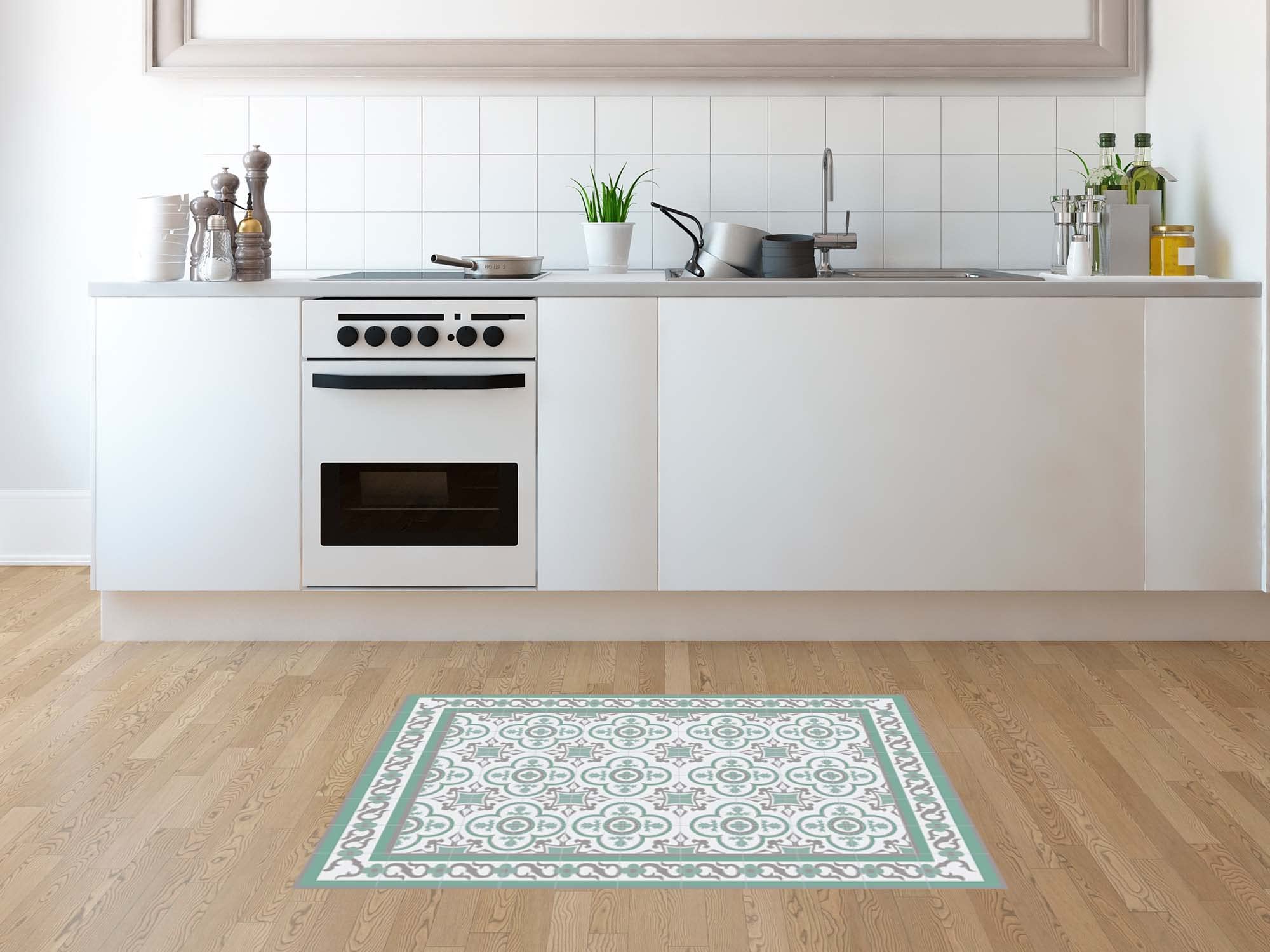 Oedim Tapis mosaïque vintage design vert, 120 x 95 cm, tapis de cuisine en vinyle, tapis de salon antidérapant, sol en vinyle