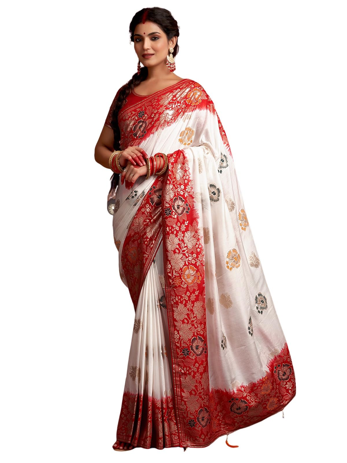 Satrani Women's Navratri Special Cotton Silk Banarasi Jacquard Durga Puja Special Bengali Saree With Unstitched Blouse Piece (3879S102N_White & Red2)