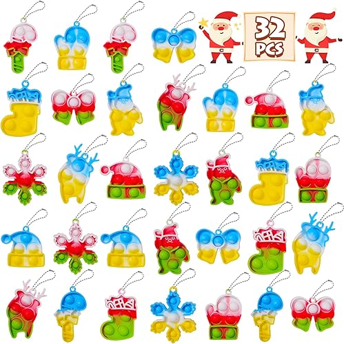 FIDWOD Christmas Party Favors for Kids Mini Pop Keychain Toys Pack - Bubble Sensory Bulk Gifts for Boys & Girls - Stress Relief Classroom Supplies