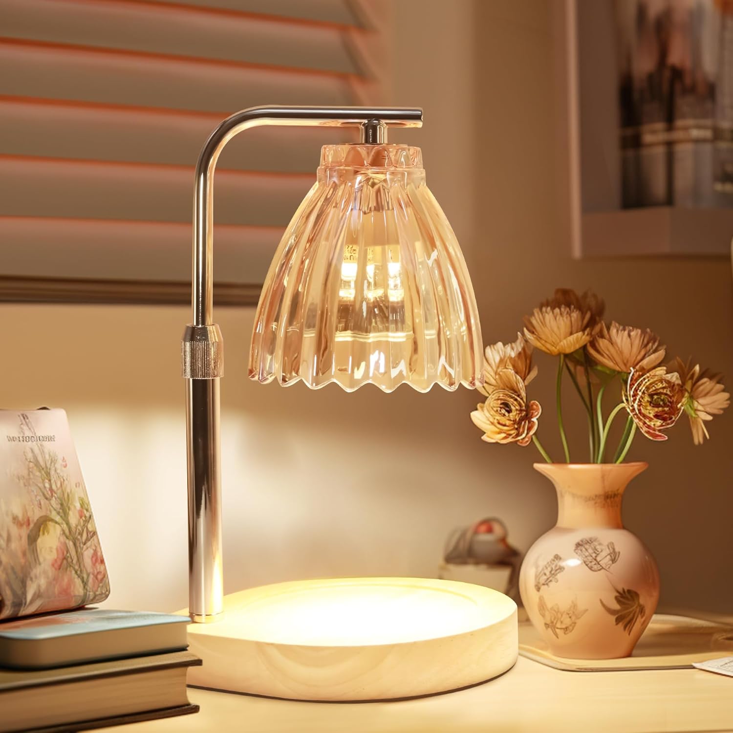 Candle Warmer Lamp with Timer, Wood Base Dimmable Wax Melting Lamp, Pleated Skirt Fragrance Warmer with 2 Bulbs, Ideal for Home Decor, Yoga, Aromatherapy Gifts for Women, Mother, Her