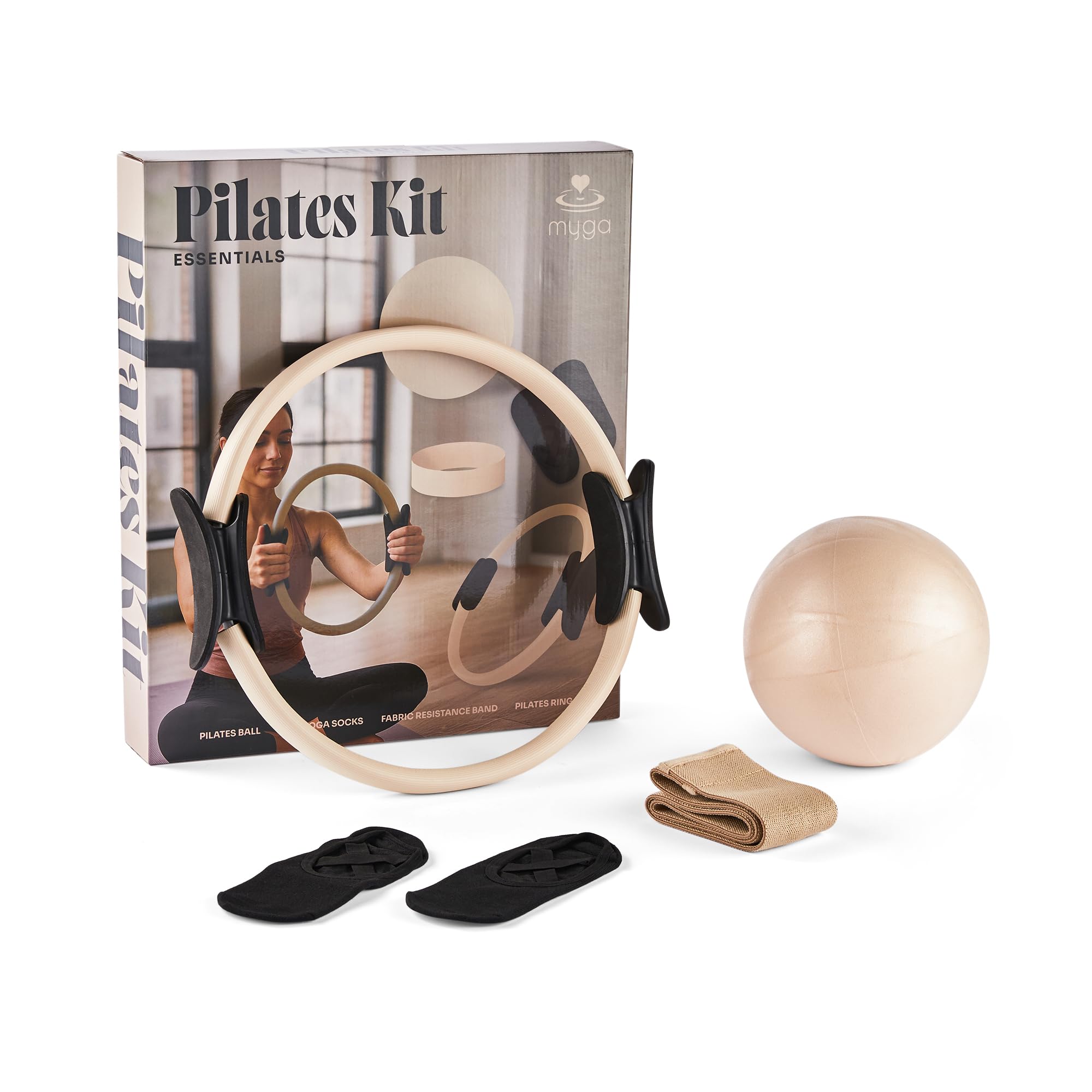 Myga Pilates Ring Set – 4-Piece Pilates Kit with Magic Circle, Anti-Burst Ball, Fabric Resistance Band & Non-Slip Grip Socks – Lightweight & Durable for Strength Training, Toning & Flexibility (Sand)