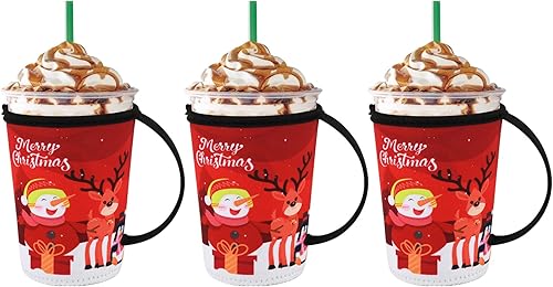 Beautyflier Fundas para tazas de café helado reutilizables para bebidas frías, 3 paquetes de fundas de neopreno de Navidad, soporte para bebidas con