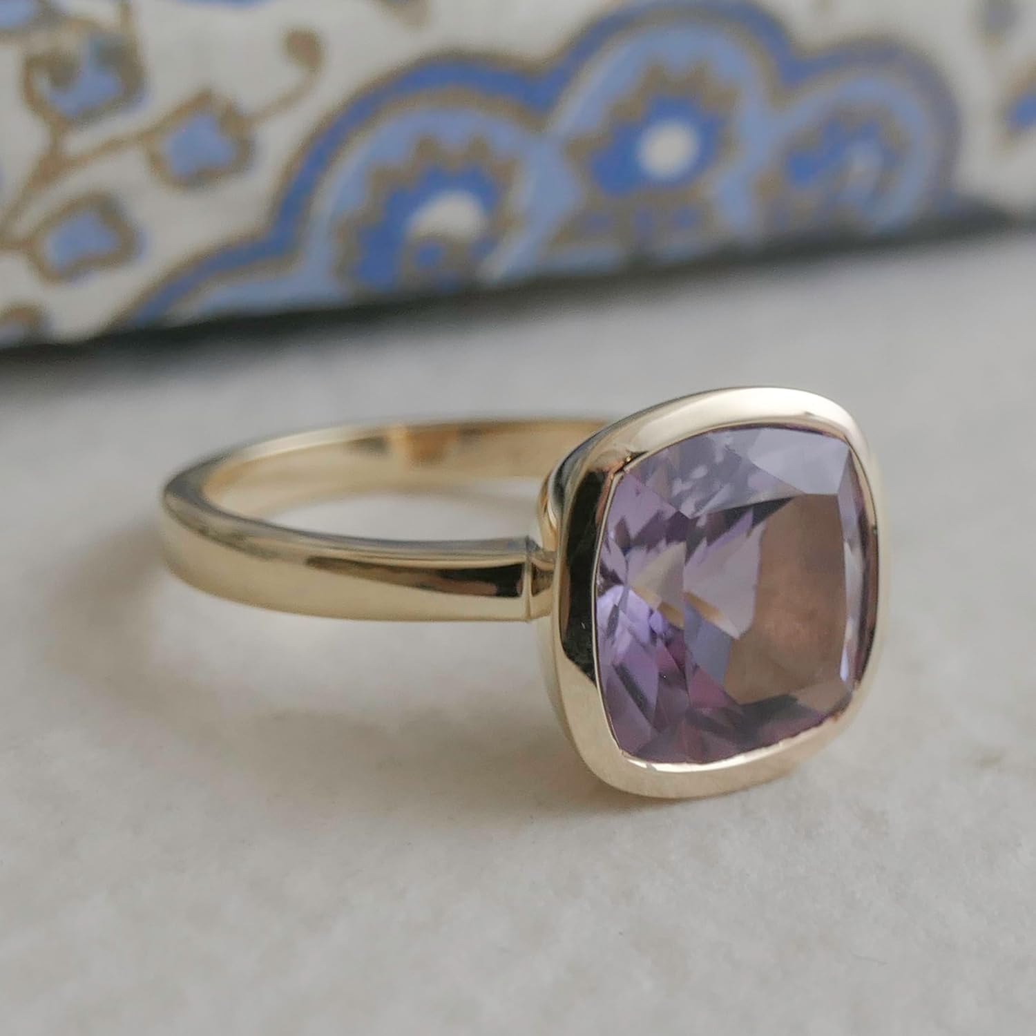 Amethyst Cushion Cut Ring 10x10mm – 925 Solid Sterling Silver with 3 Micron Gold Plating – Natural Authentic Gemstone, Scandinavian Handmade Fine Jewelry for Women
