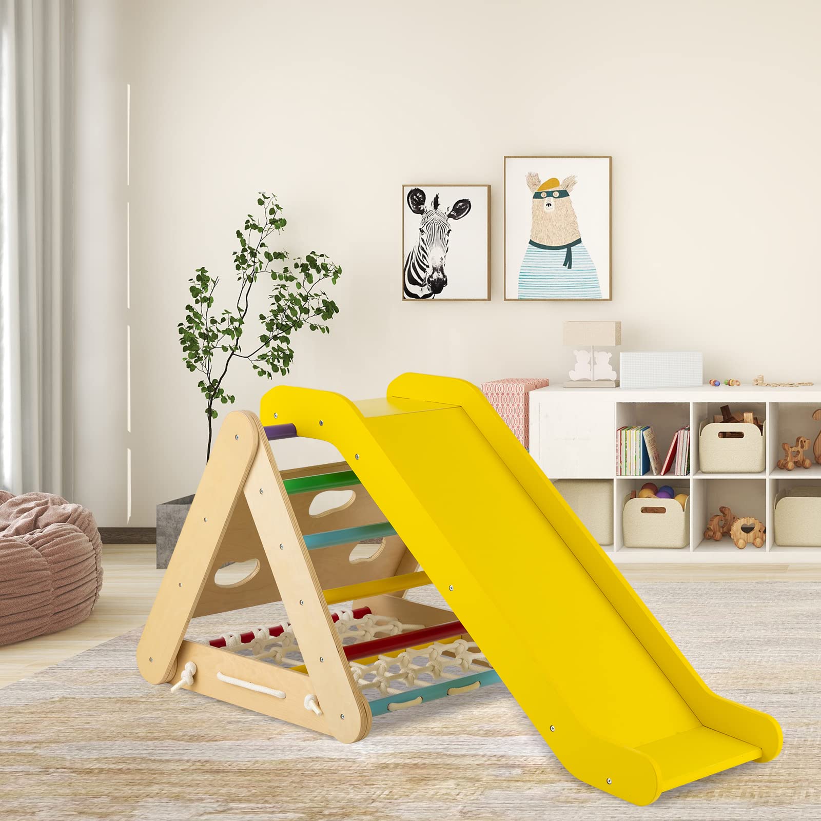 DREAMADE 4 IN 1 Kletterdreieck mit Rutsche und Kletternetz, Holzdreieck Kletterspielzeug aus Holz, Indoor Klettergerüst zum Rutschen und Klettern für Kinder ab 1 Jahr (Bunt)