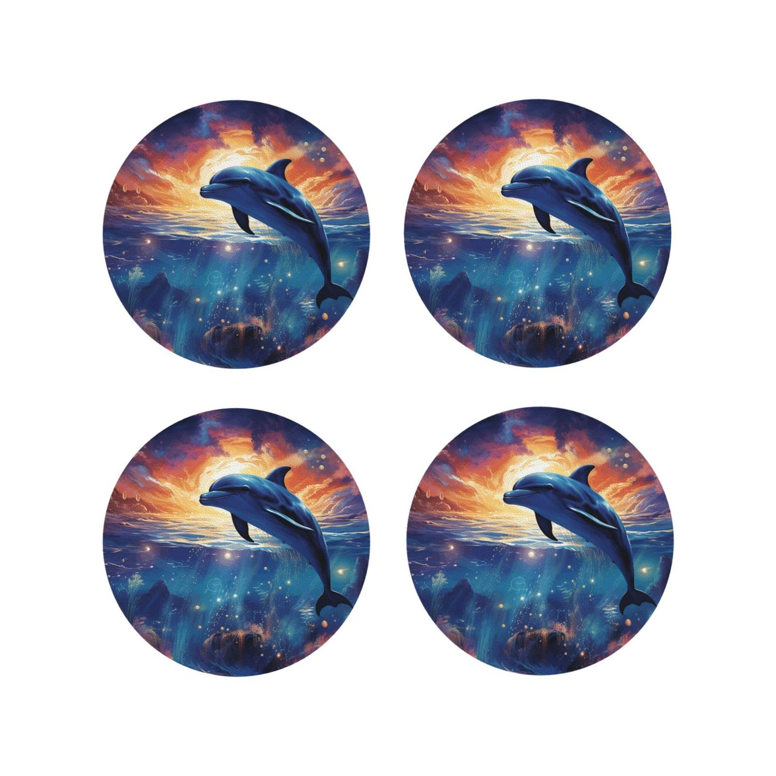 4pcs Drink Coasters for Tabletop Protection, 4" Leather Coasters for Drinks, Colorful Starry Sky Ocean Dolphin Cup Coasters for Coffee Table Decor, Non-Slip Drinking Cup Mat for Hot Or Cold Drink