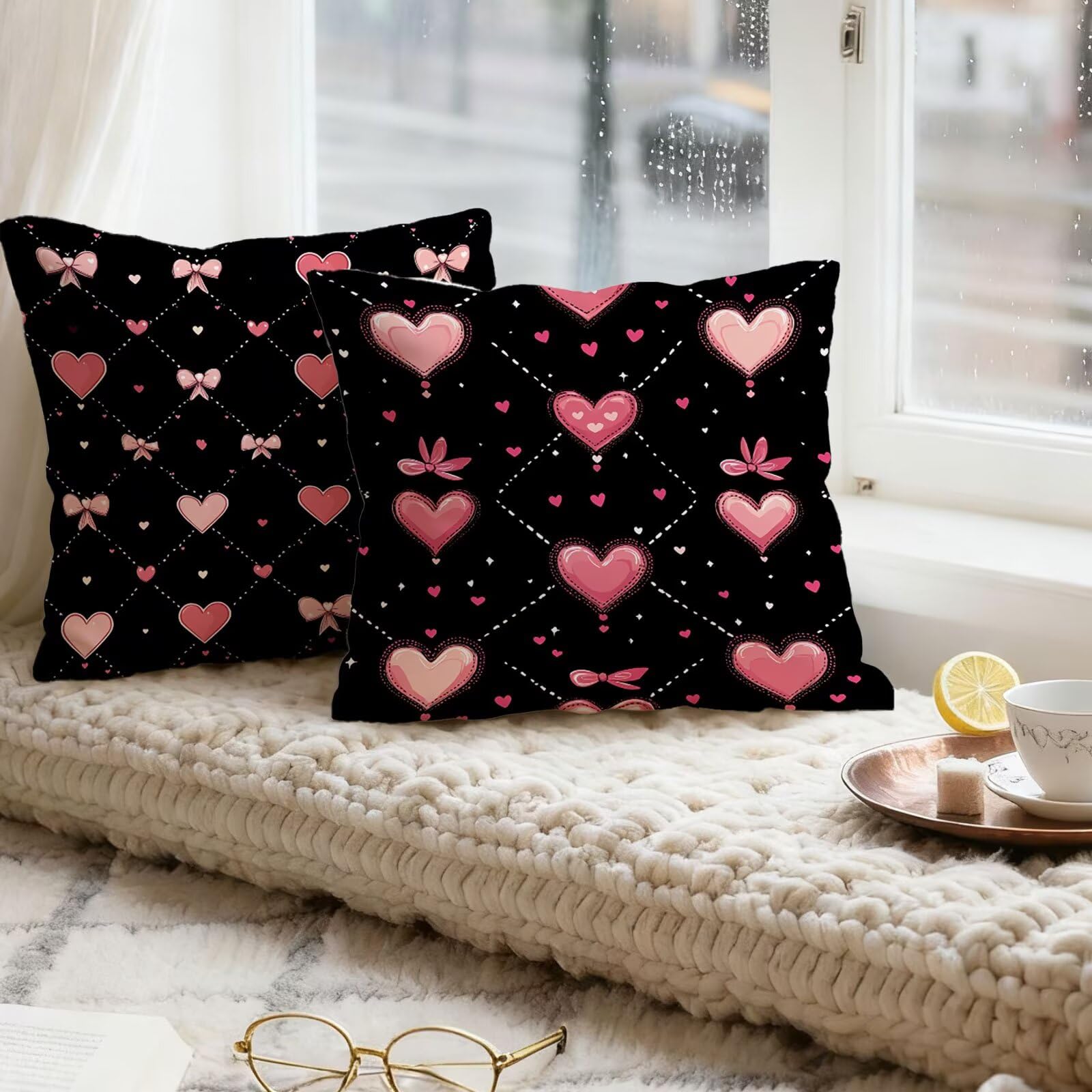 Czarna poszewka na poduszkę 60 x 60 cm, różowa poszewka na poduszkę 60 x 60 cm, zestaw 4 sztuk, super miękkie, 60 x 60, dekoracja jesienna, kwadratowa poszewka na poduszkę, sofa, do domu, sypialni