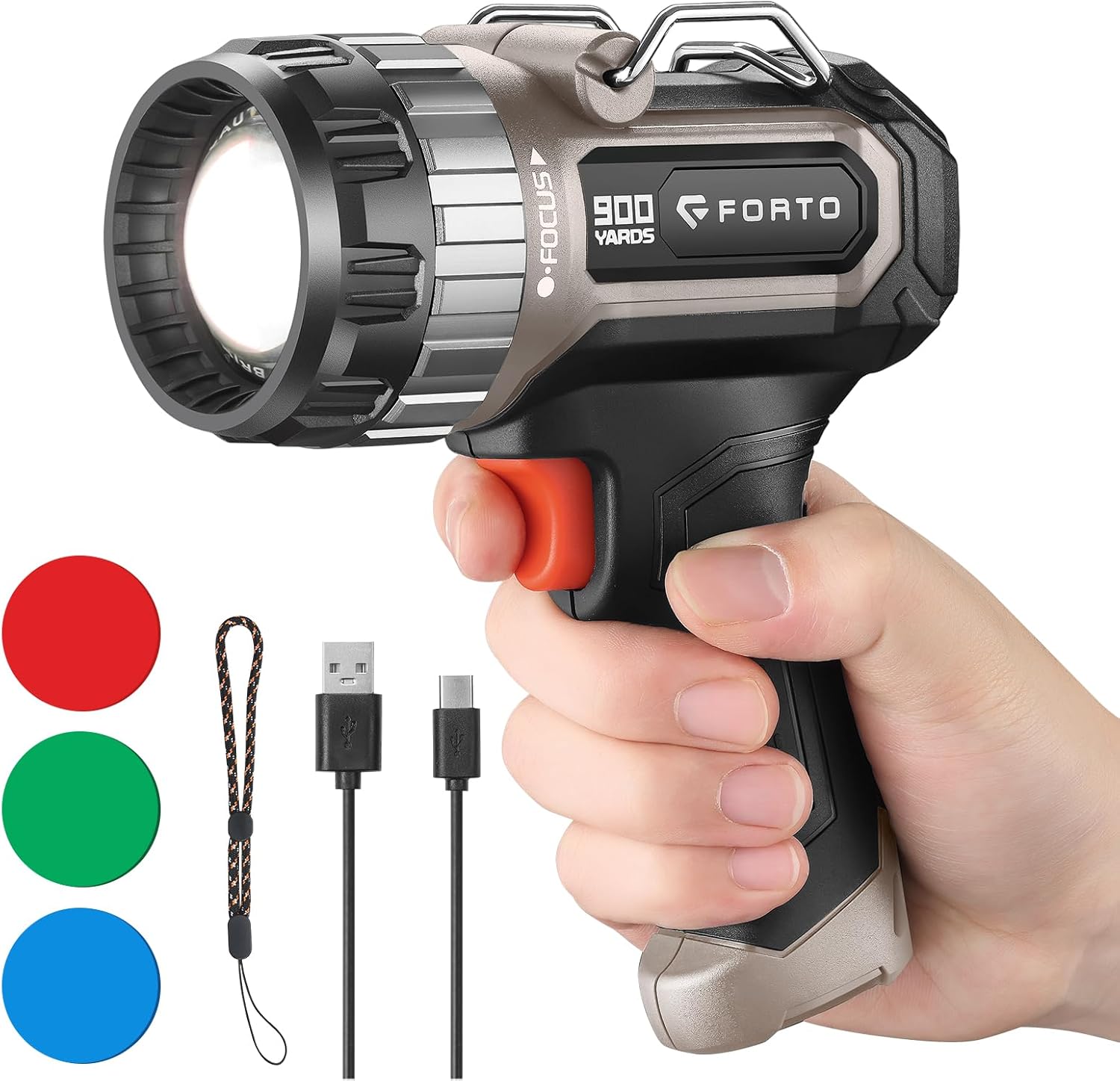 FORTO Handheld Compact Spotlight with 3-Colors Lens, 1400 Lumens Rechargeable Spot Light with Adjustable Focus, 2700Ft Range, 3 Light Modes, Suitable for Hunting Boating Camping Hiking Observe Animals