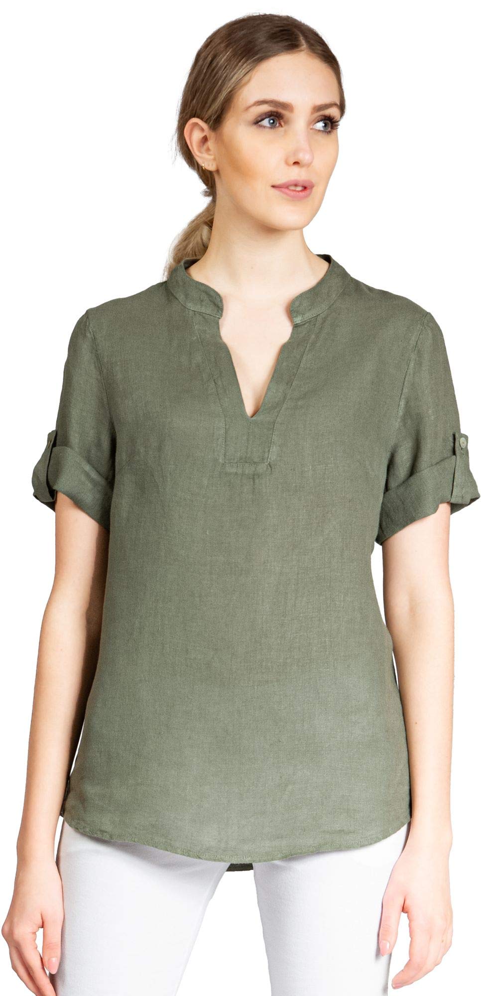 Caspar BLU024 Elegante Damen Halbarm Sommer Shirtbluse aus Leinen mit V-Ausschnitt