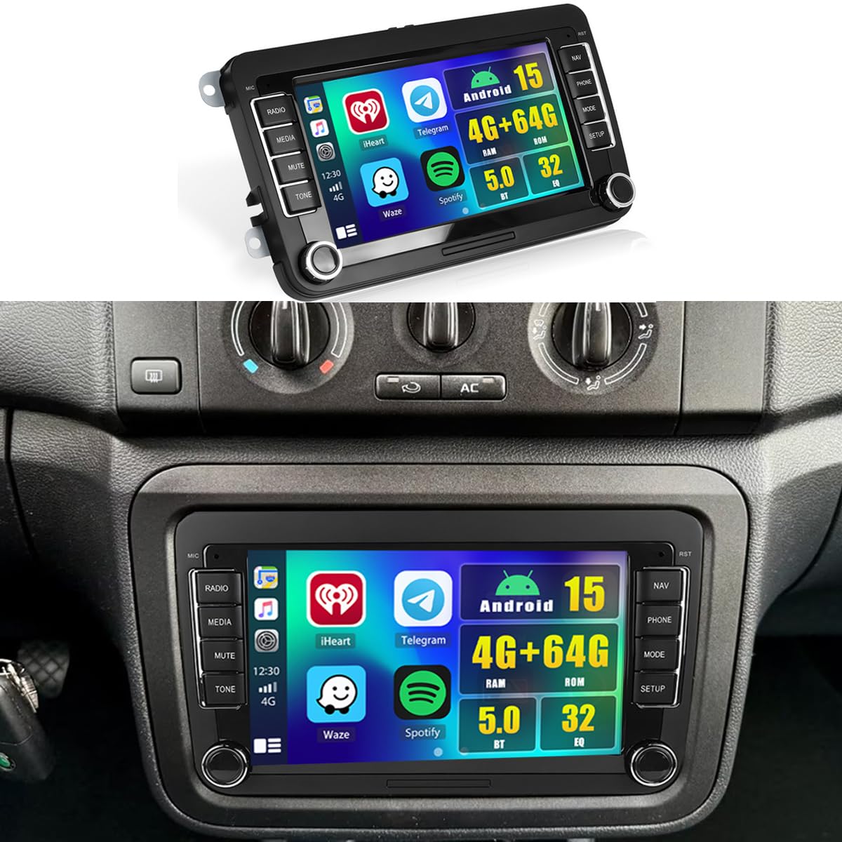 4+64G Android 15 Autoradio für VW Golf 5 6 Passat Polo Tiguan Touran Caddy Skoda SEAT Wireless Carplay Android Auto, 7'' IPS Touch Screen Radio mit Bluetooth 5.0, GPS, Rückfahrkamera, FM, WiFi, SWC