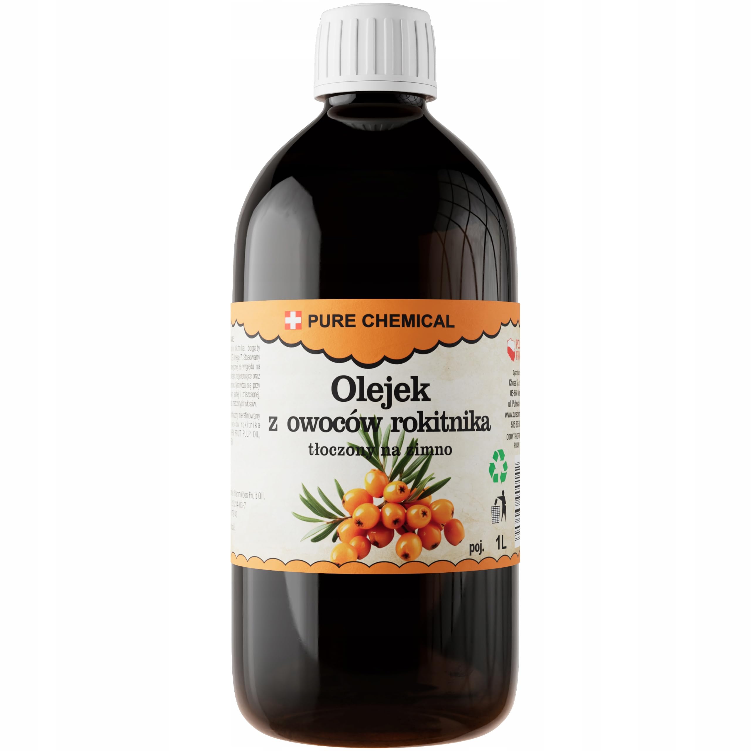 PURE CHEMICAL - Organiczny olej z rokitnika zwyczajnego - tłoczony na zimno - nieprzetworzony 1000 ml olej z owoców - 100% czysty - olej do ciała - pielęgnacja skóry - do masaż 1L