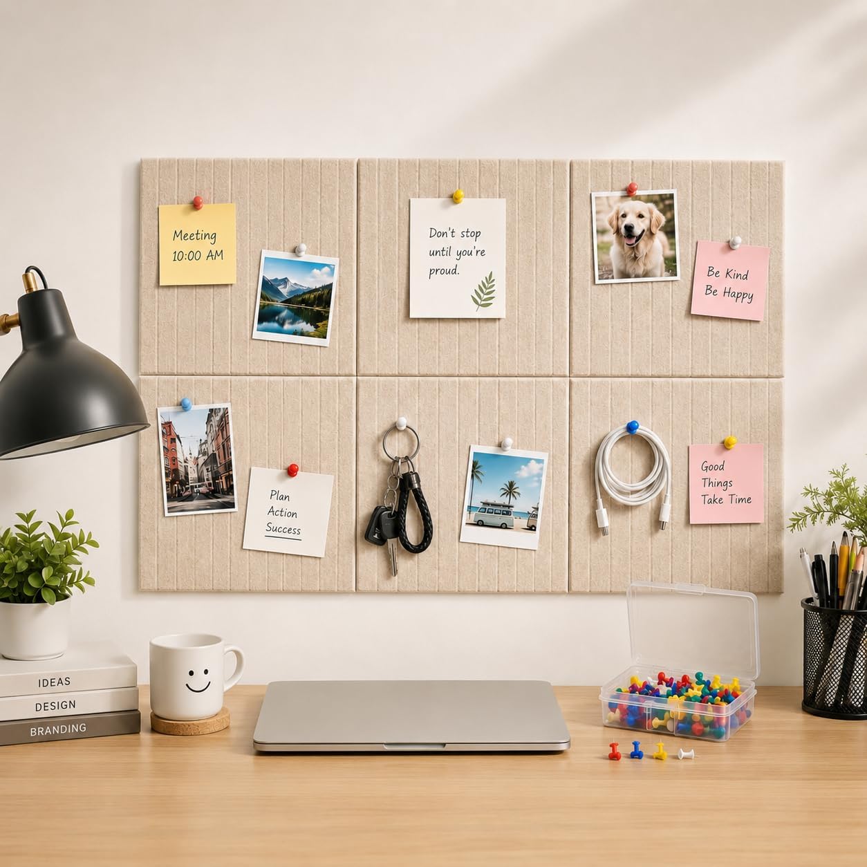 Felt Bulletin Board Tiles 6 Pack 12 x 12 Inch Self Adhesive Pin Board with 50 Push Pins, Self Healing Memo Display Board for Office, Dorm Wall, Notes, Photos & Reminder Organization-image-36