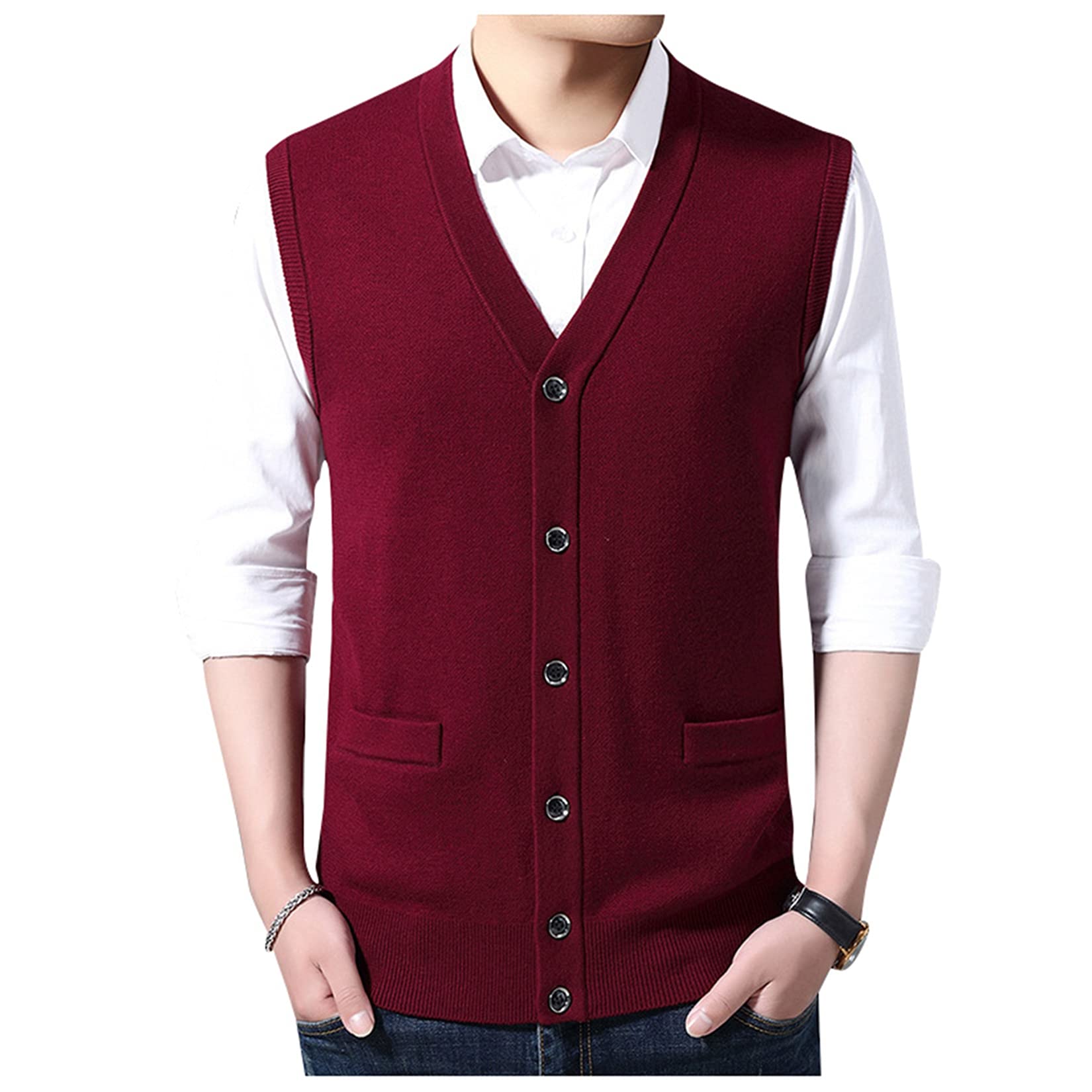 Men's Sleeveless Knitted Sweater V Neck Button Cardigans Gilets Business Casual Knitwear Vest