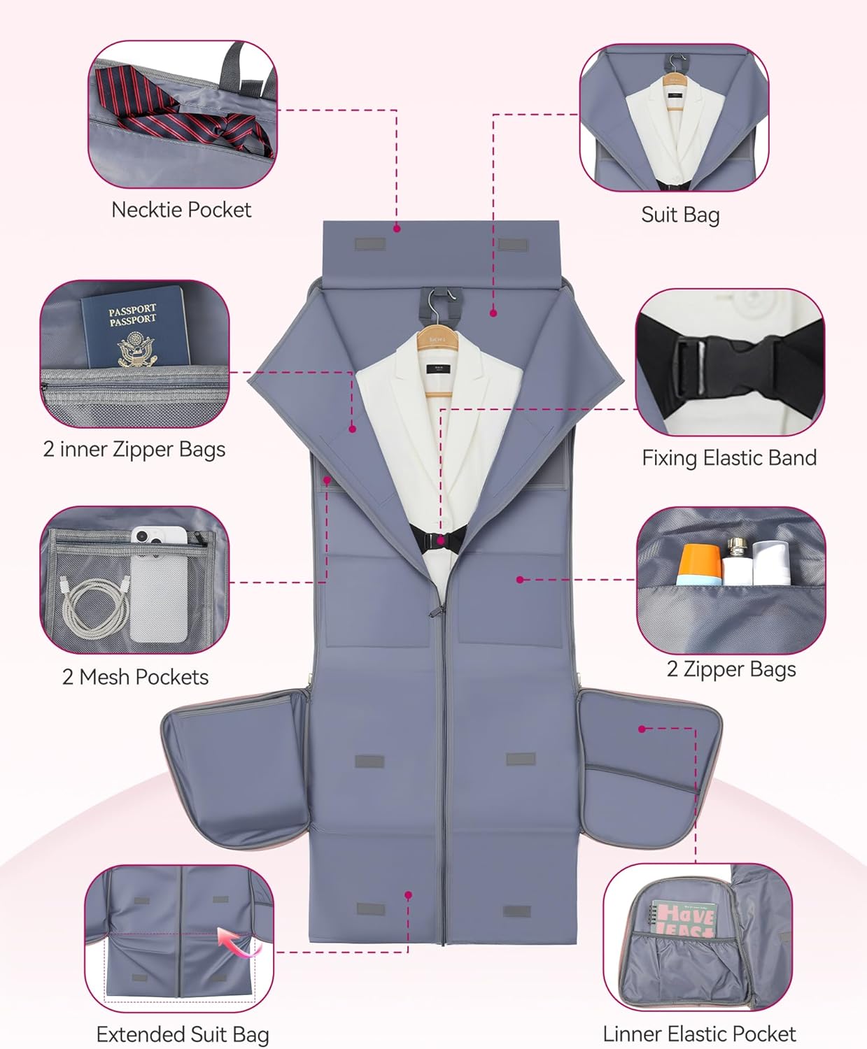 Convertible Travel Garment Bag, Carry on Garment Duffel Bag, 2 in 1 Hanging Dress Suitcase Suit Travel Bags, for Business Trips with Shoe Compartment & Multiple Pockets, AGPTEK (Pink)