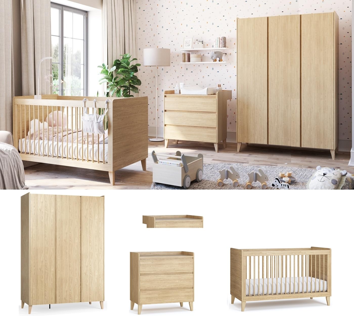 QMM Babyzimmer Kinderzimmer Maya komplett Set B Kleiderschrank Kommode Wickelaufsatz Bett